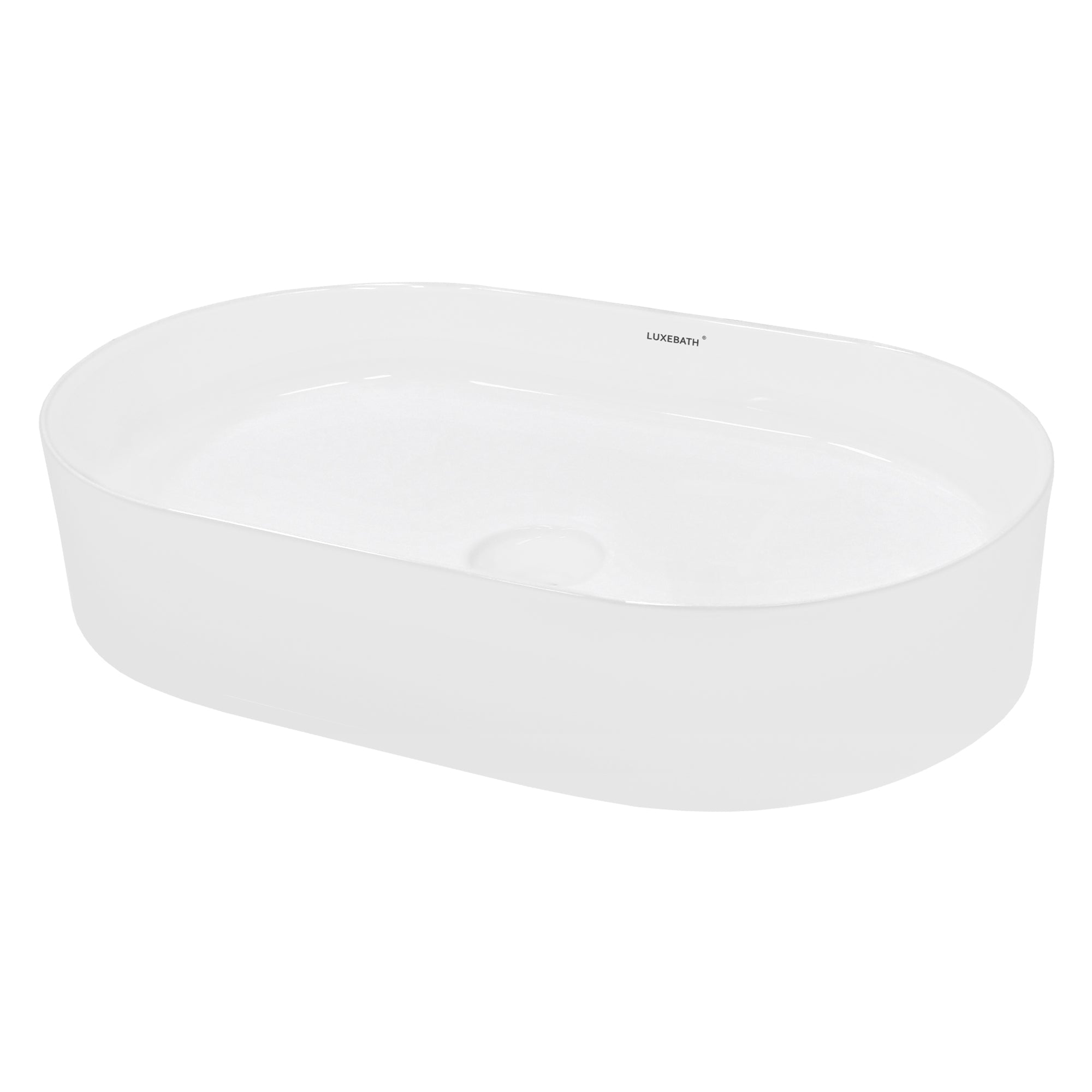 Lavabo ovale blanc avec surface lisse et évacuation centrale.