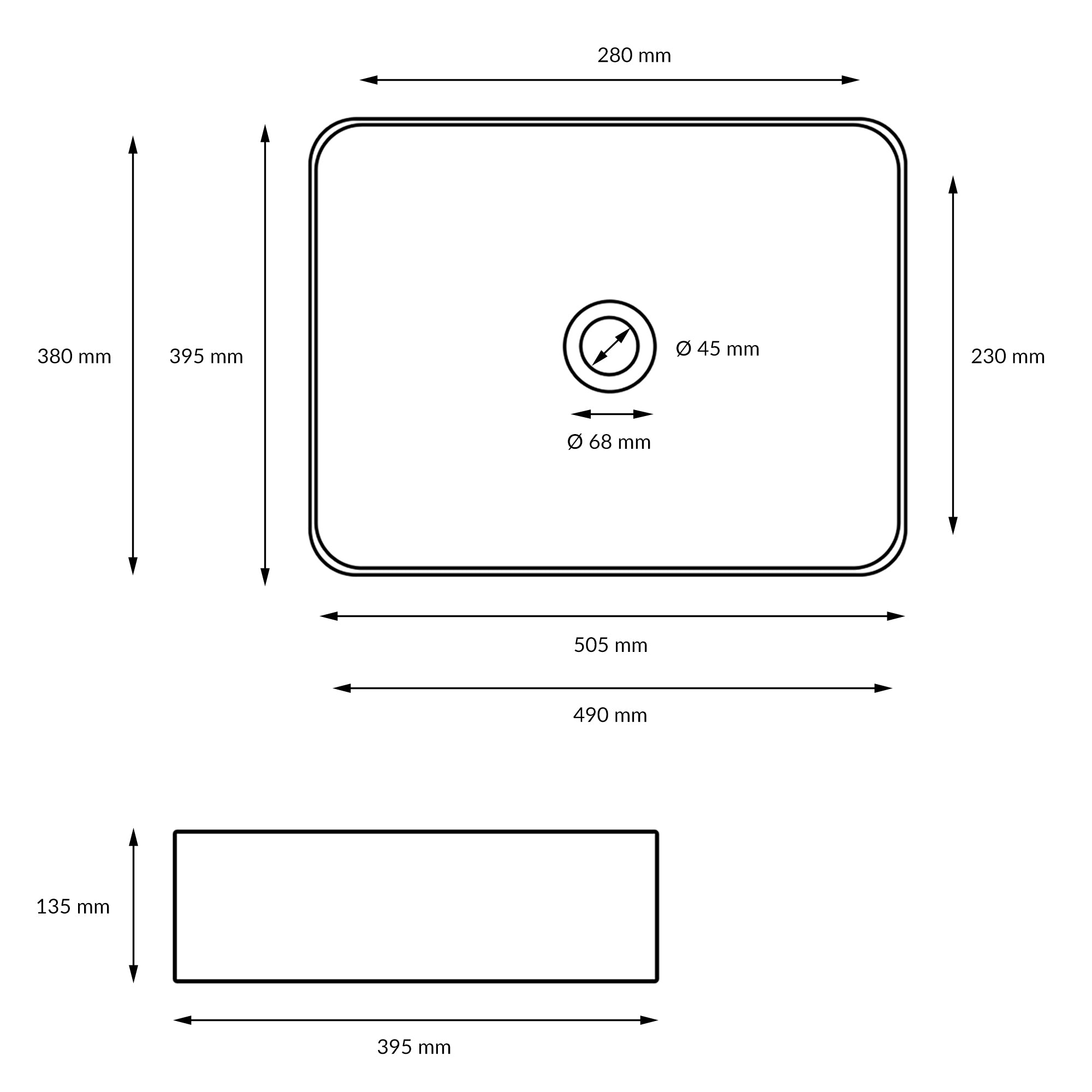 Technical drawing of a sink with dimensions and diameters.