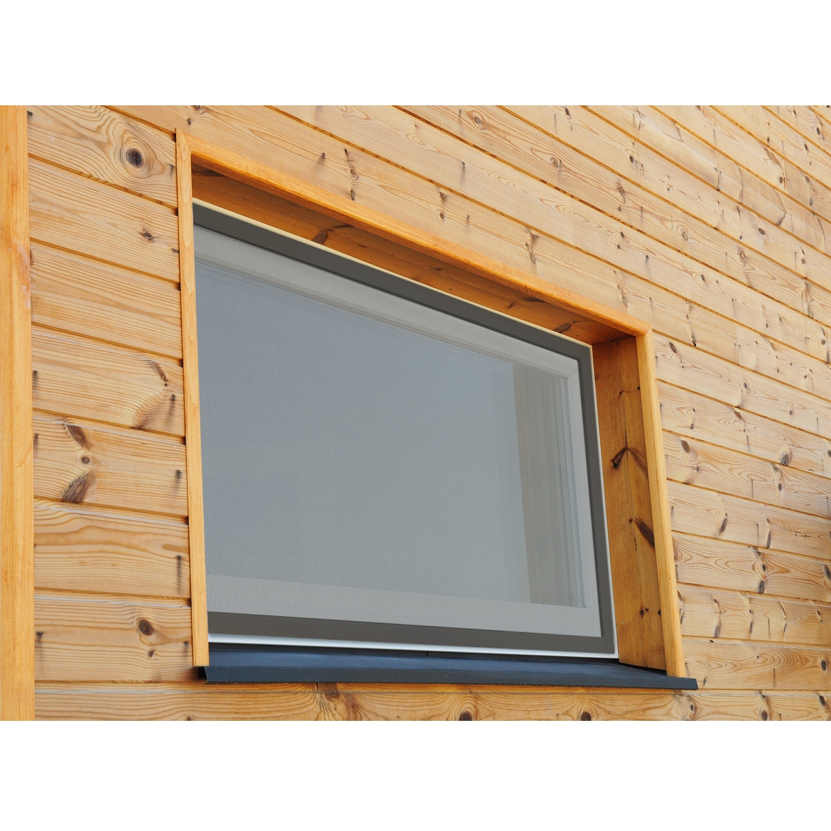 A window in a wooden casing with a gray frame.