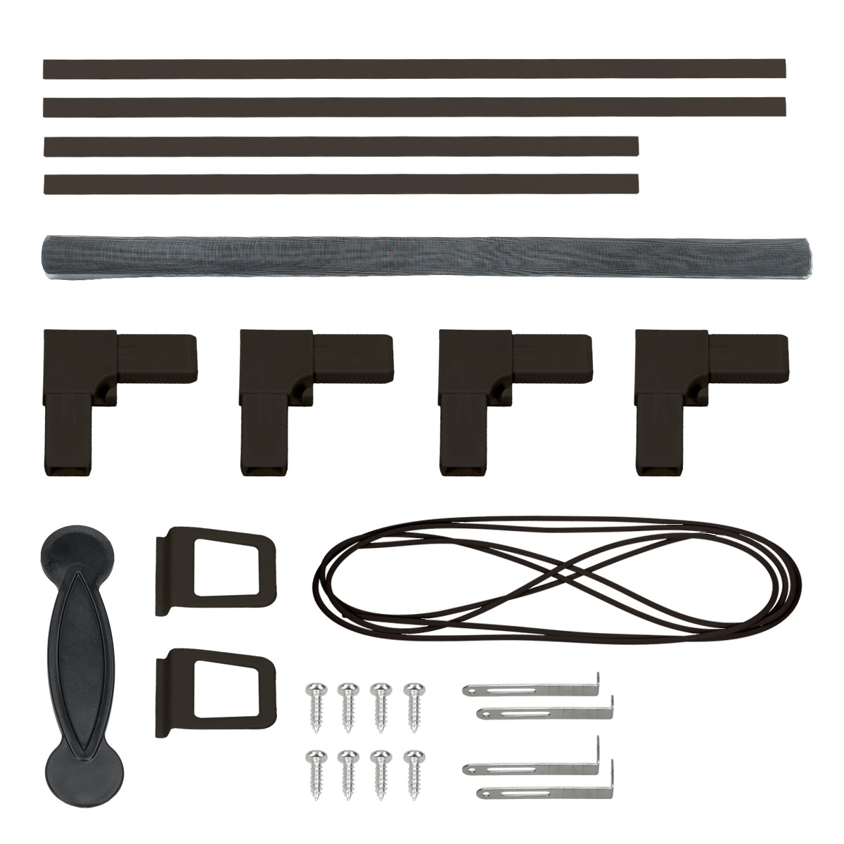 Elementos de montaje negros, tornillos y cables sobre fondo blanco.