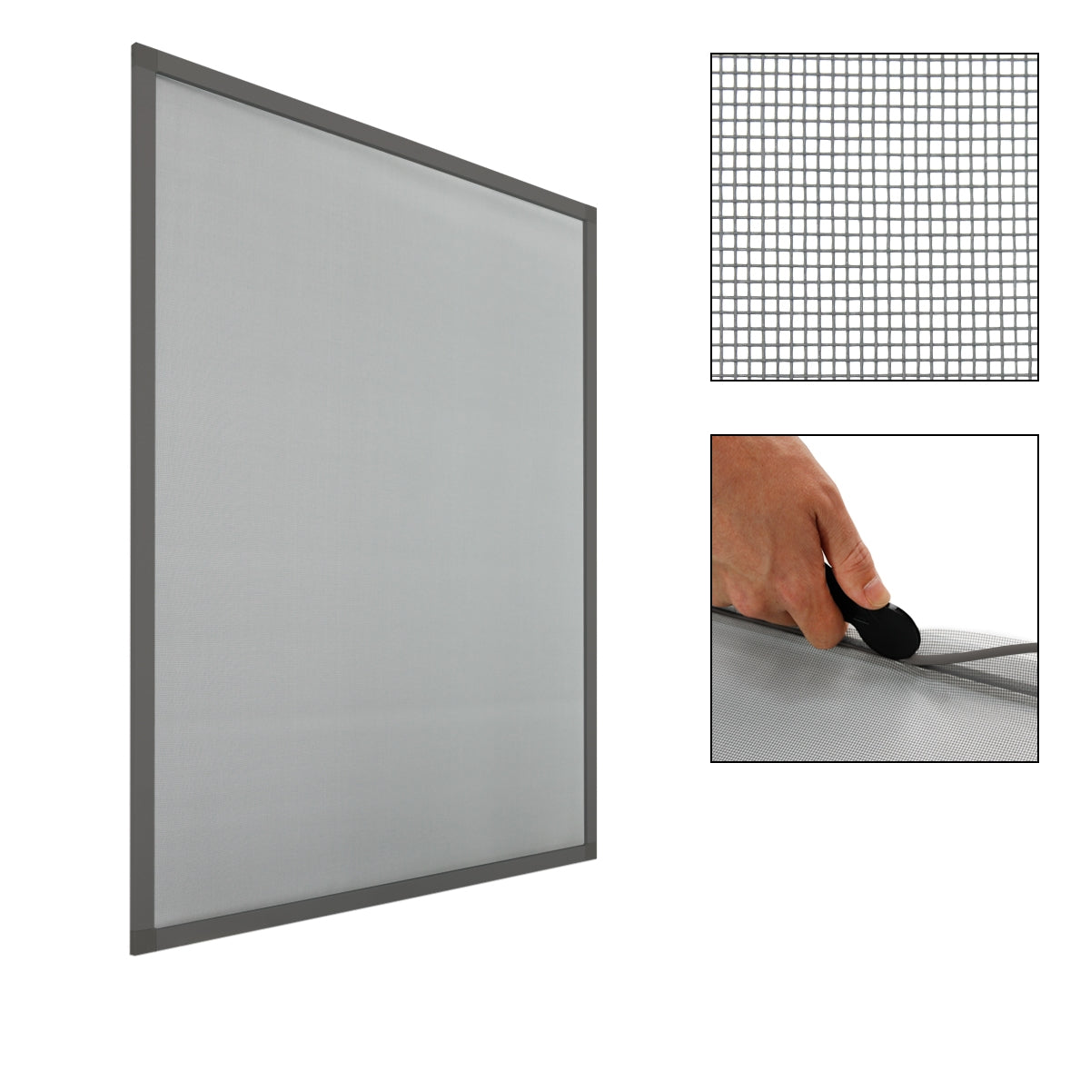 A gray insect screen with a hand lifting it.