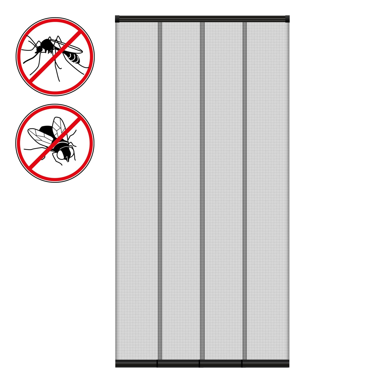 Ein Fliegengitter mit Symbolen gegen Insekten auf einem weißen Hintergrund.