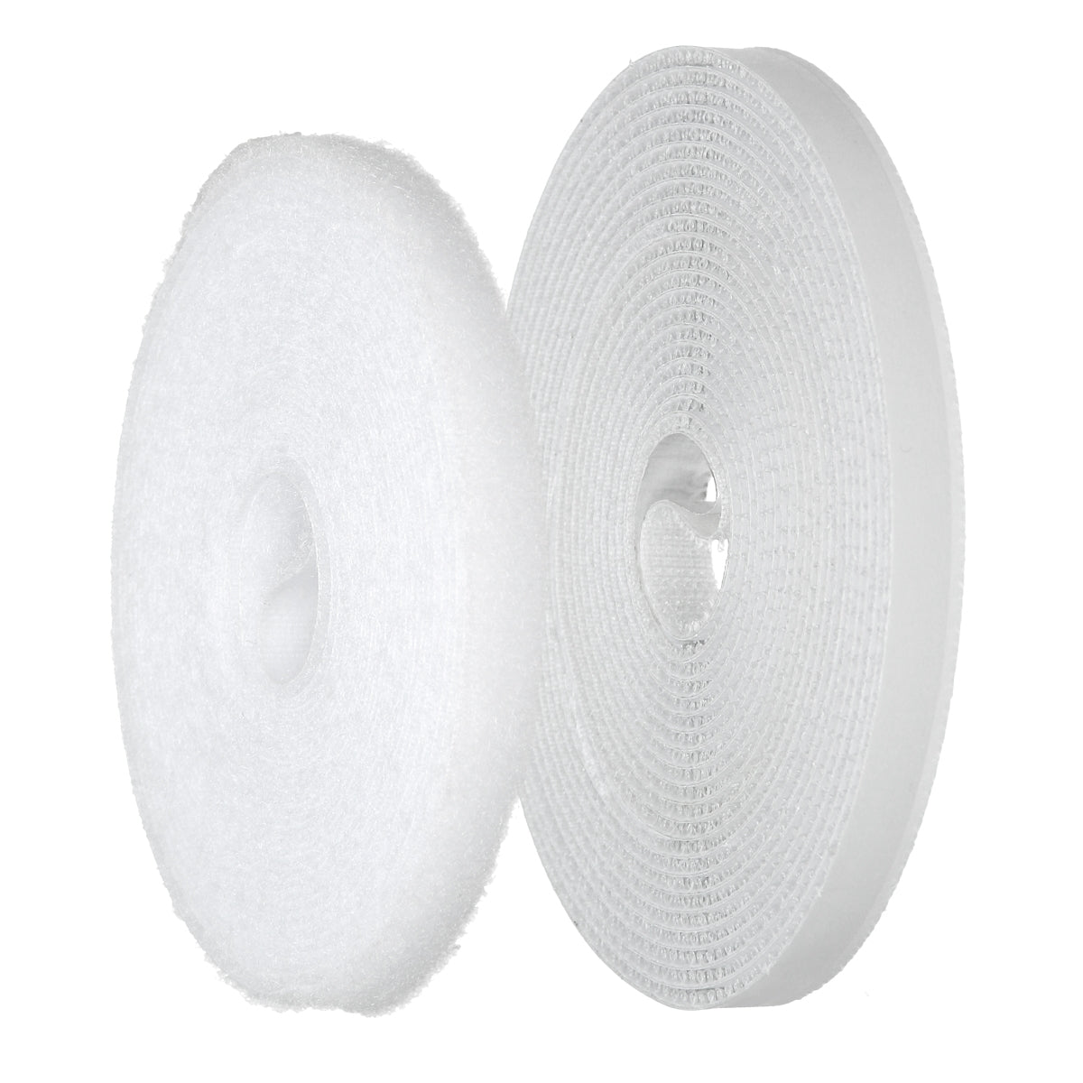 Two rolls of transparent and white Velcro tape on a white background.