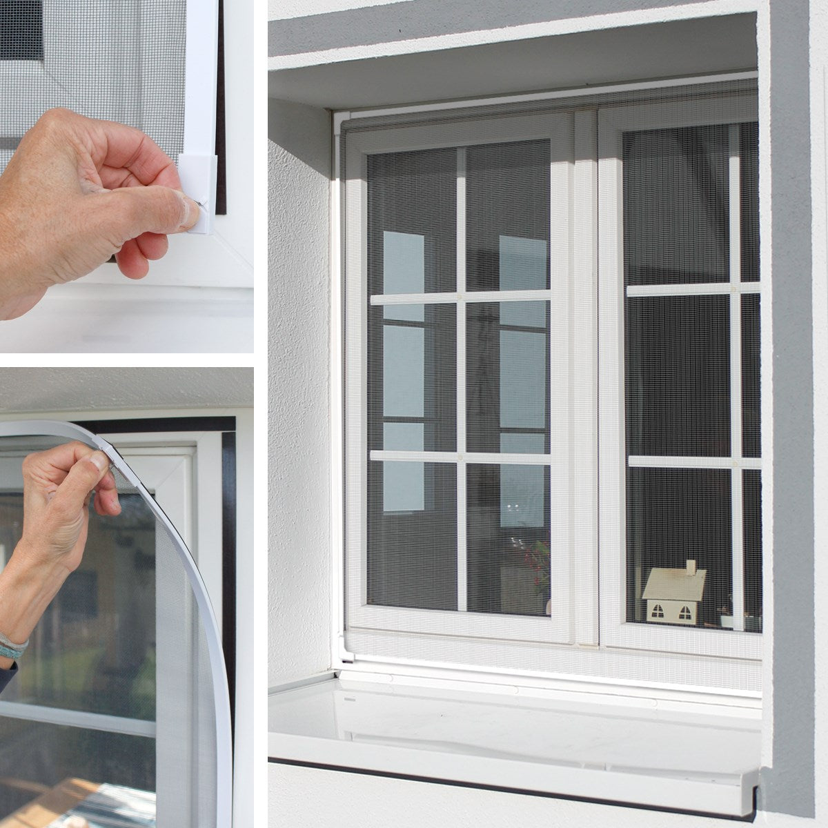 Hands are installing an insect screen on a window.