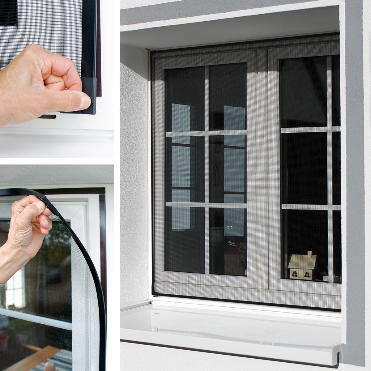 Hands putting an insect screen onto a window frame.