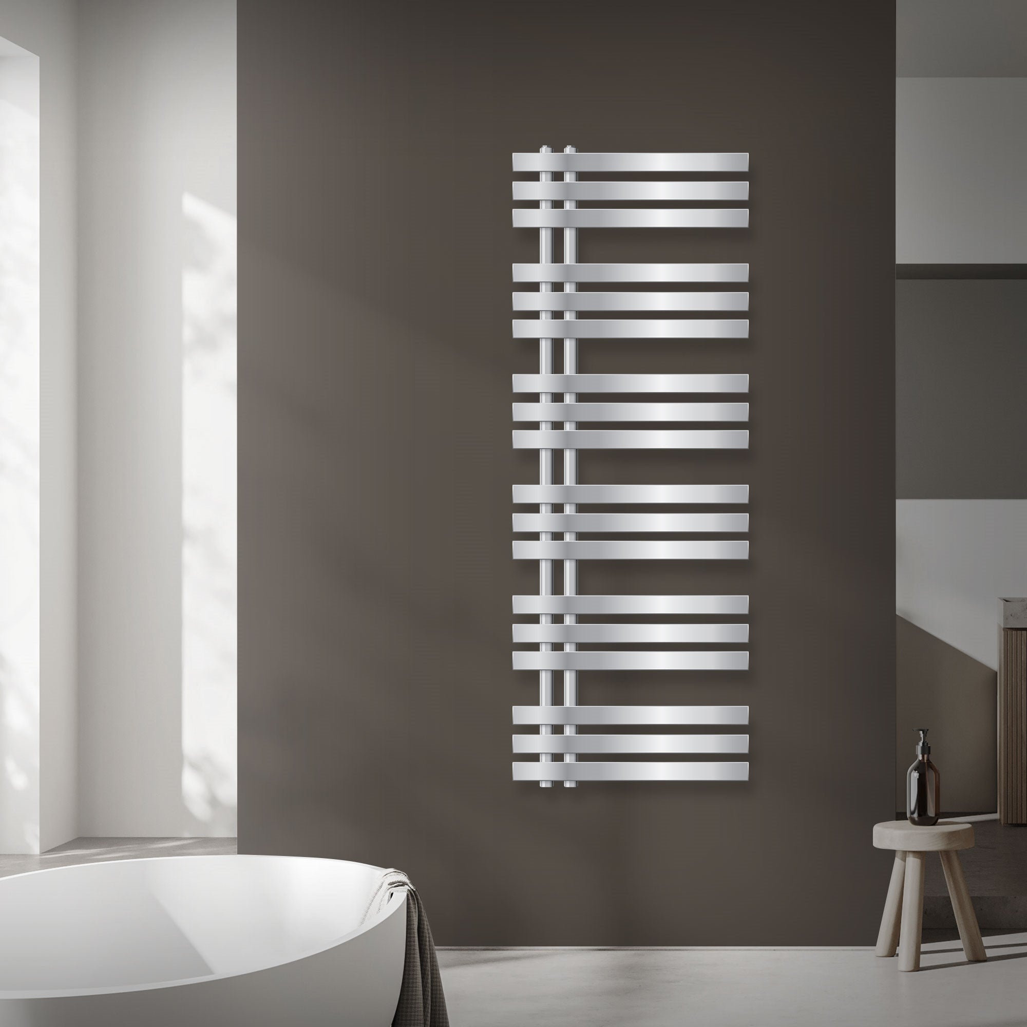 A vertical radiator with several horizontal bars on a wall.