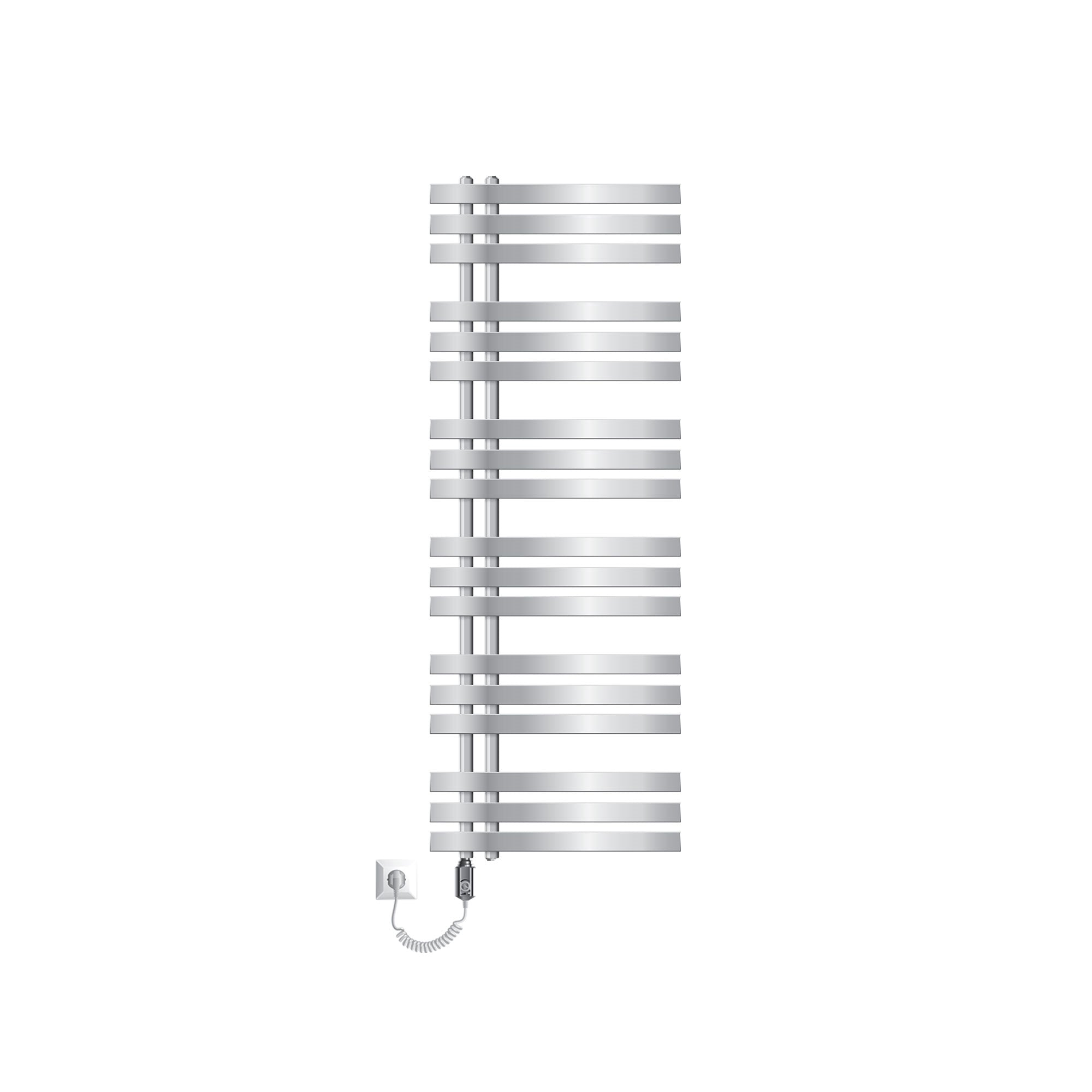 A vertical towel radiator in chrome with several horizontal bars.