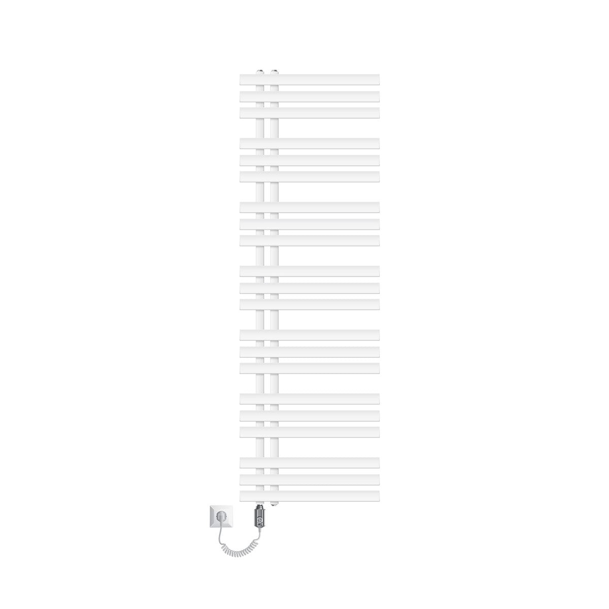Hvid elektrisk radiator på hvid baggrund.