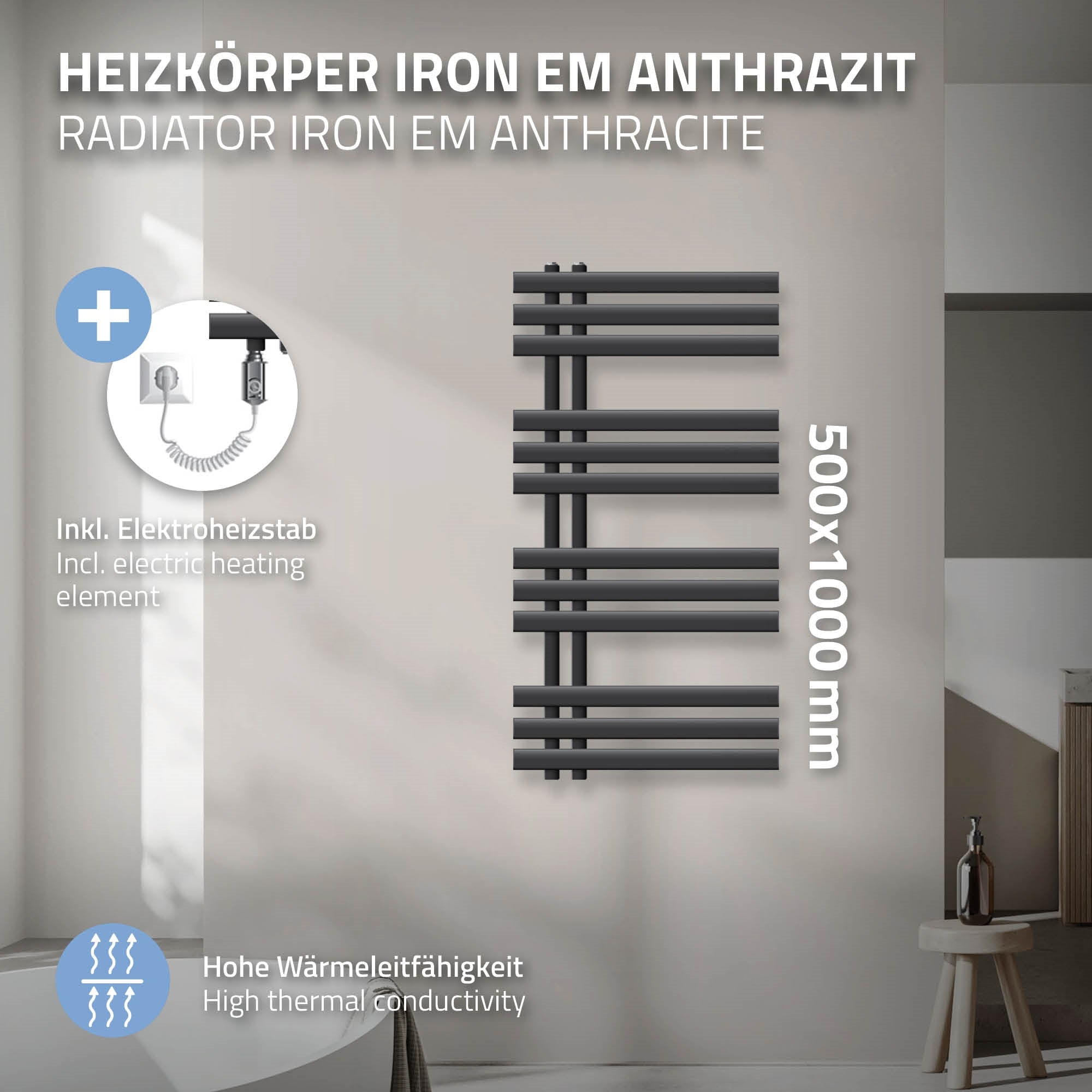 Graphic of a radiator with technical details and features.