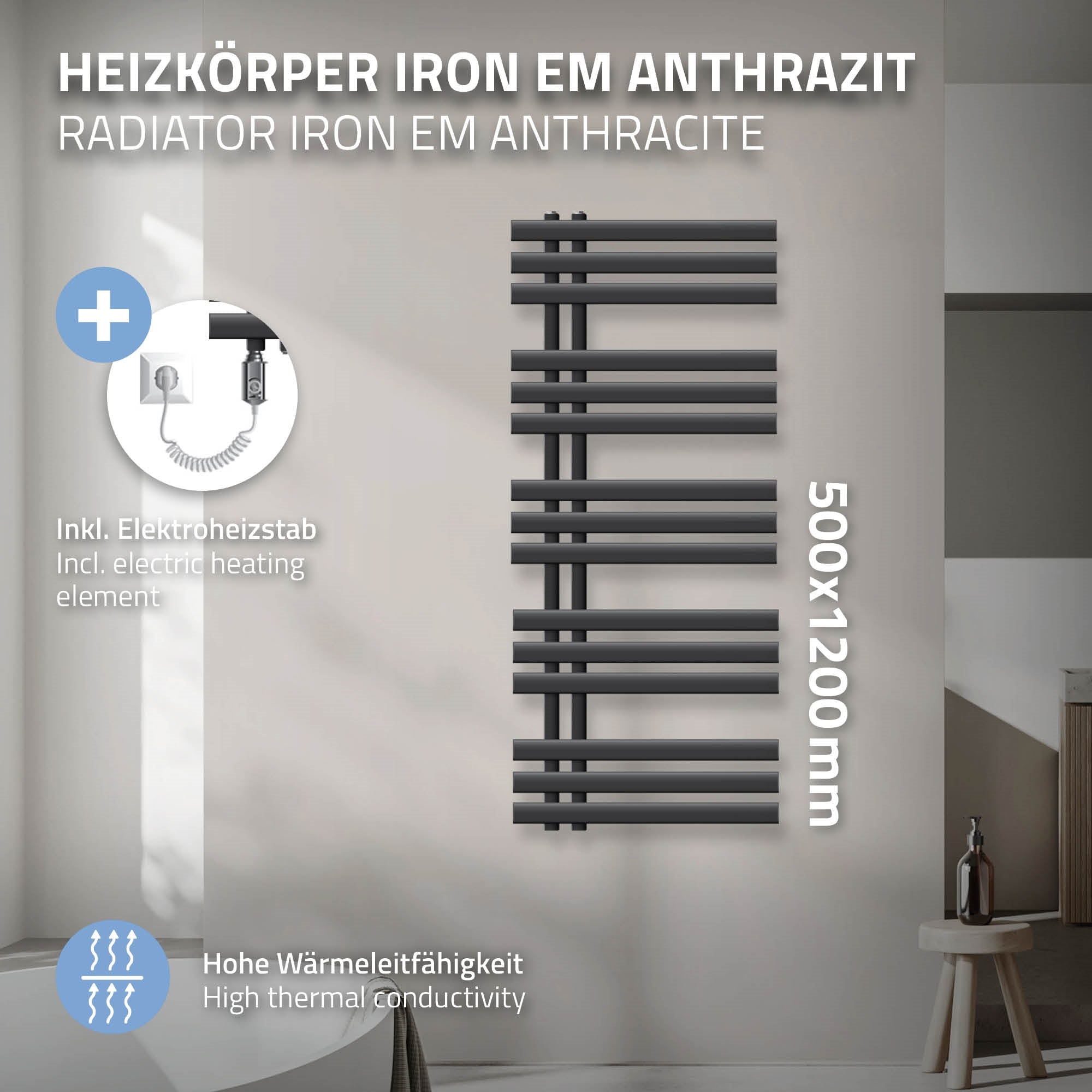 Anthracite radiator, 500x1200 mm, with electric heating element.