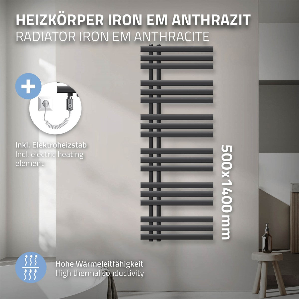 Antracit színű radiátor nagy hővezető képességgel és elektromos fűtőbetéttel.