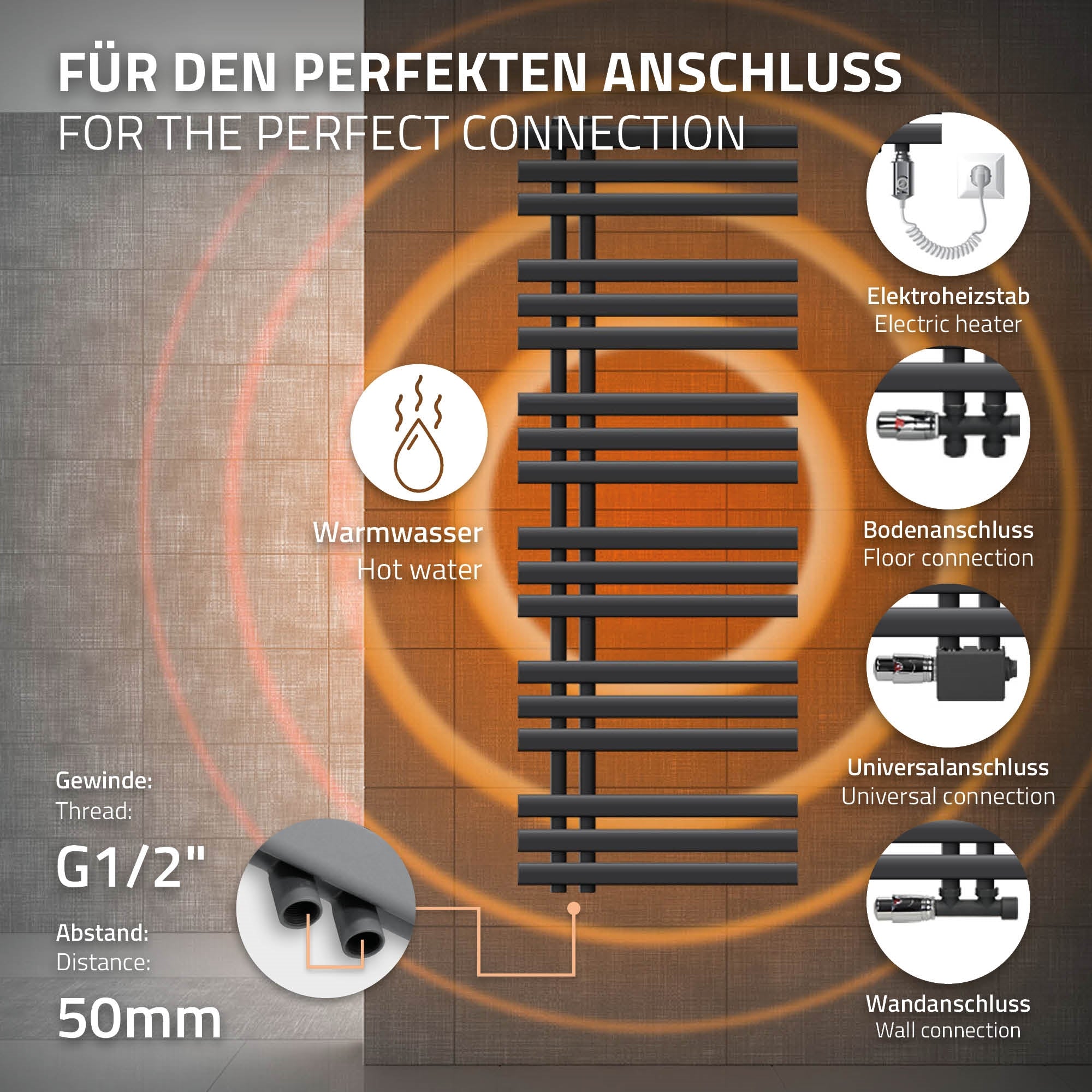 Heizkörper in Anthrazit, 500x1400 mm, mit Anschlussdetails.