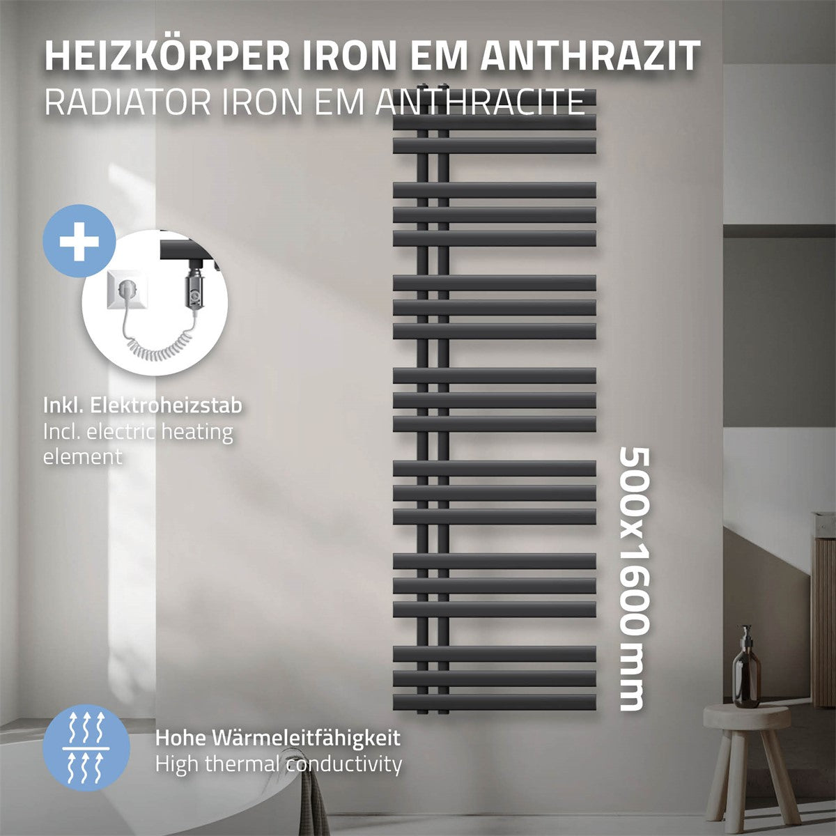 Radiator i antracit, 500 × 1600 mm, med elvarmelegeme.
