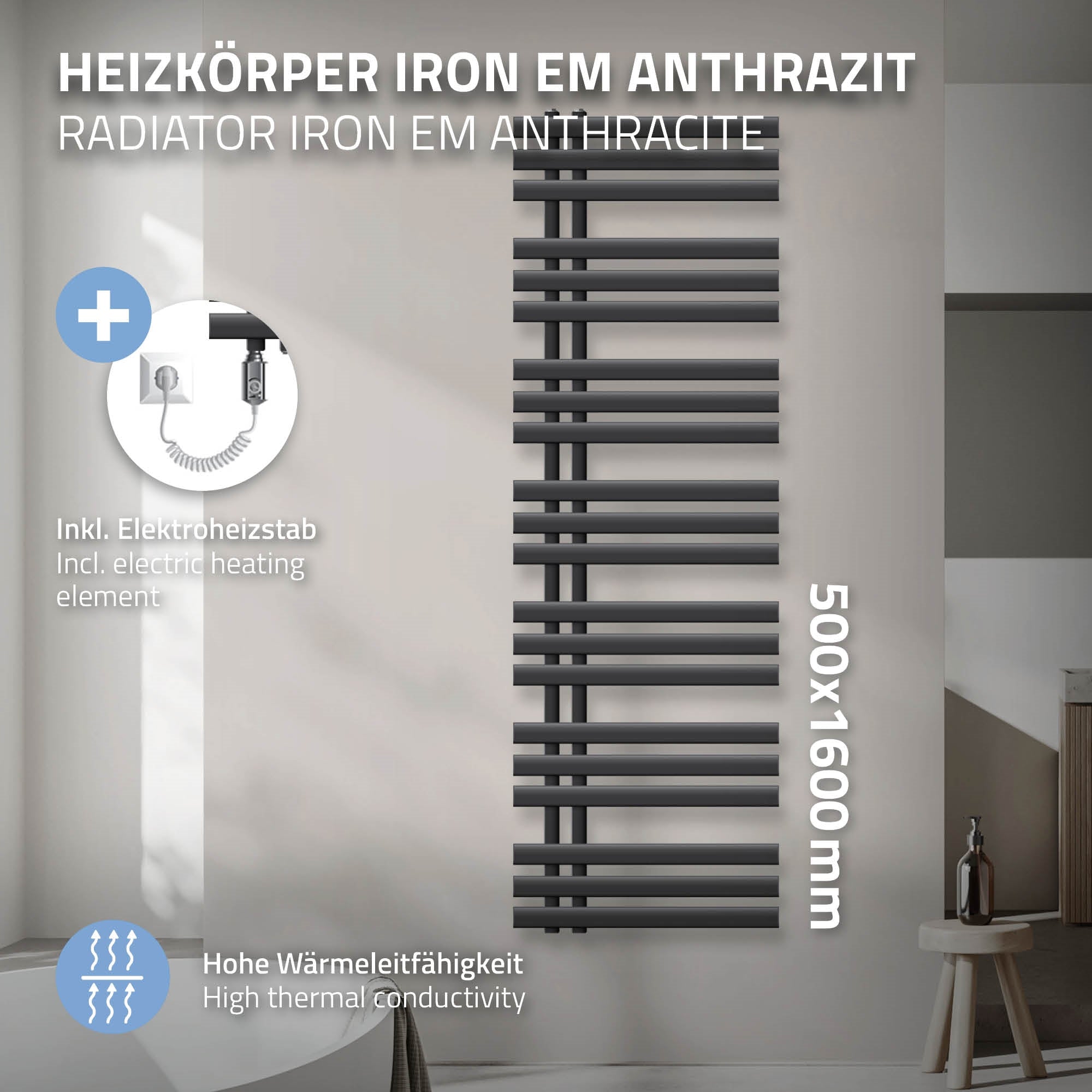 Heizkörper in Anthrazit, 500x1600 mm, mit Elektroheizstab.