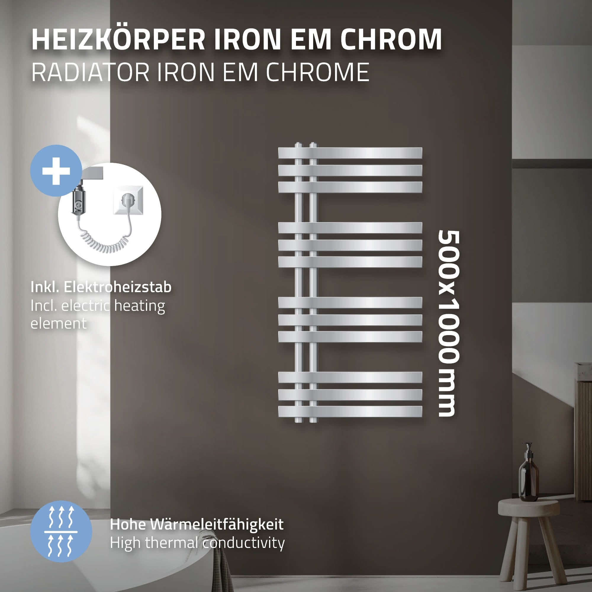 Radiator in chrome, 500x1000 mm, with electric heating element.