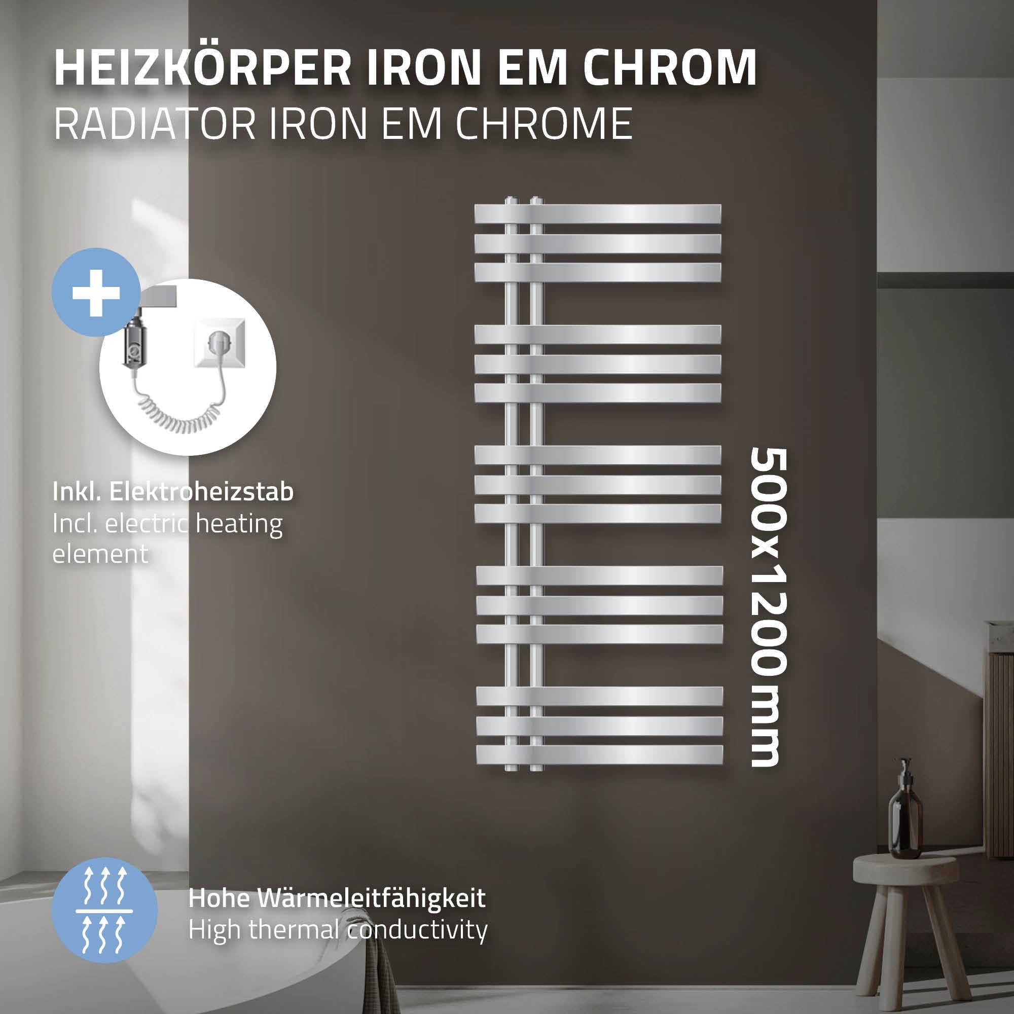 Heizkörper in Chrom, 500x1200 mm, mit Elektroheizstab.