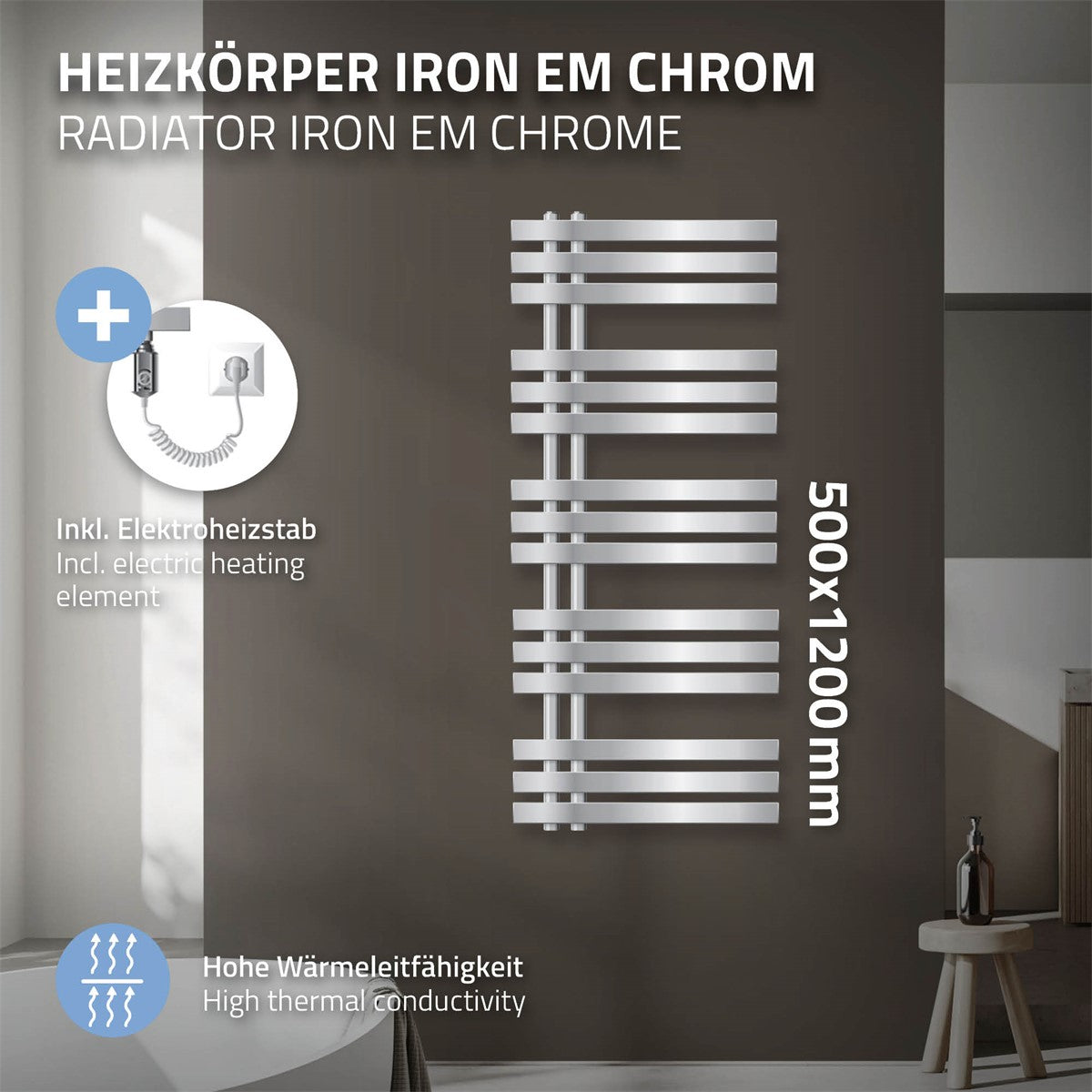 Radiator i krom, 500x1200 mm, med elpatron.