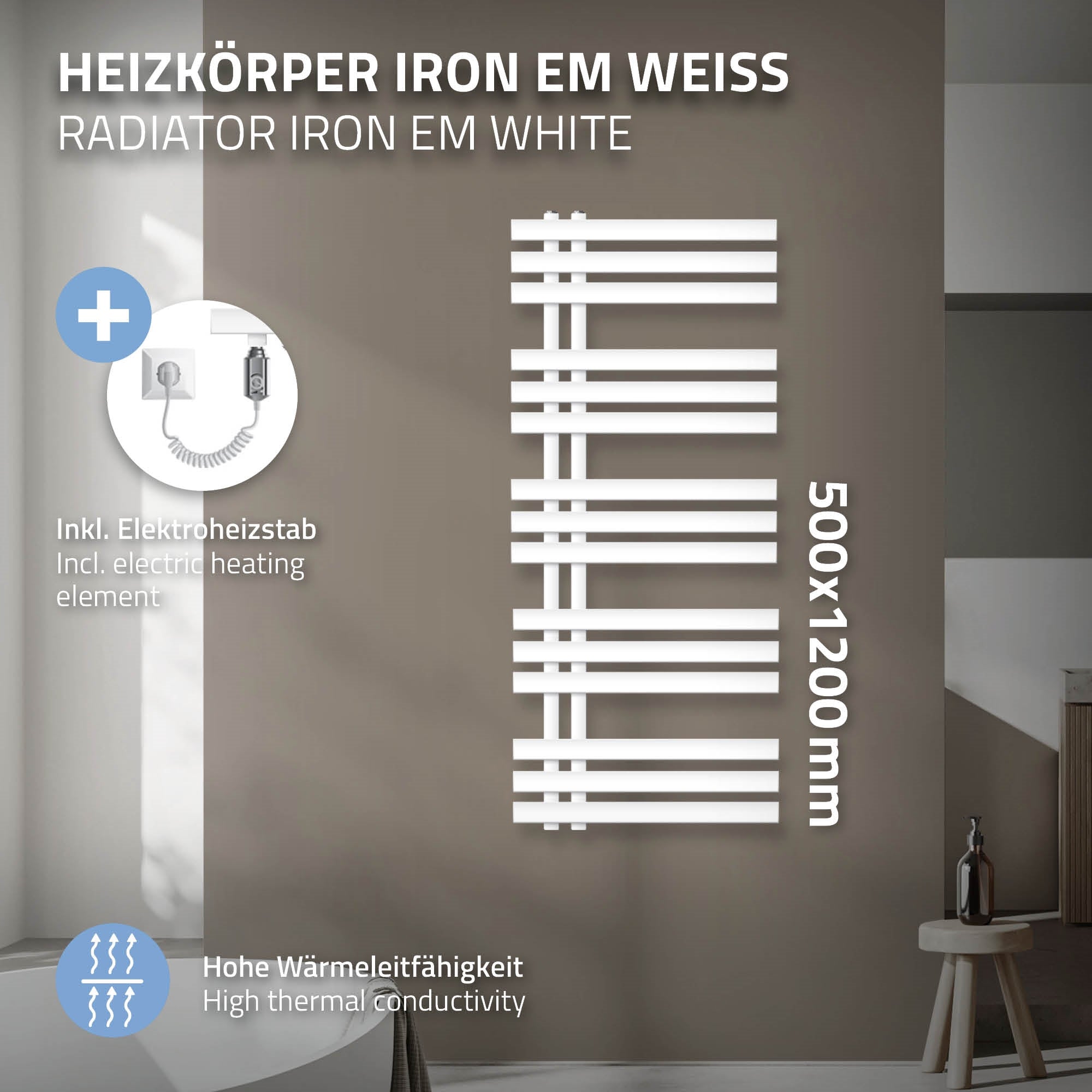 Radiator in white, 500x1200 mm, with electric heating element.
