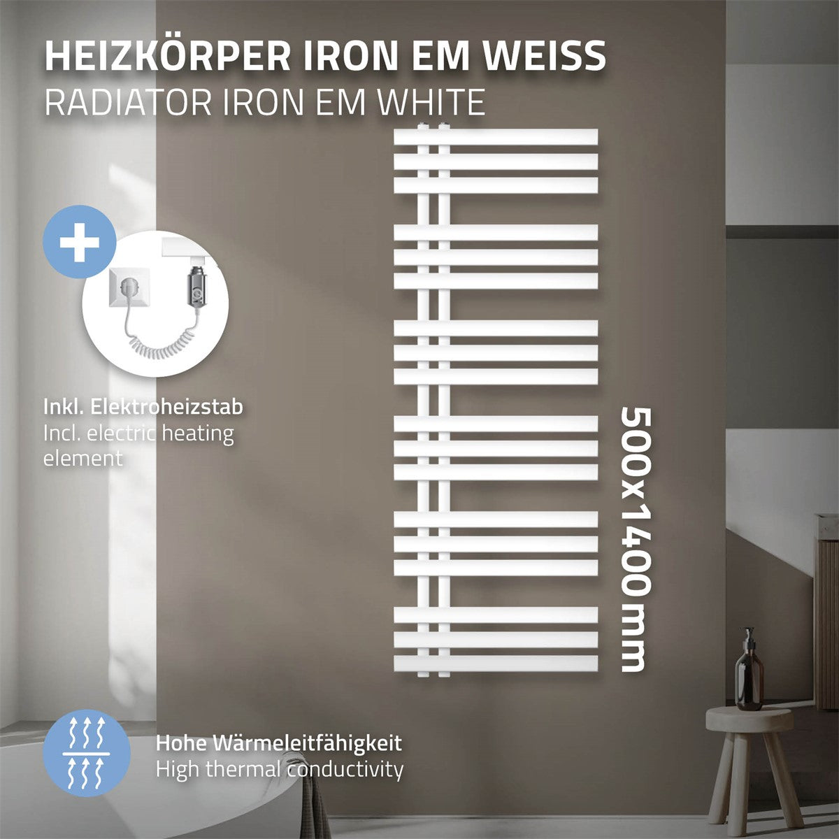 Witte radiator, 500 × 1400 mm, met elektrisch verwarmingselement.