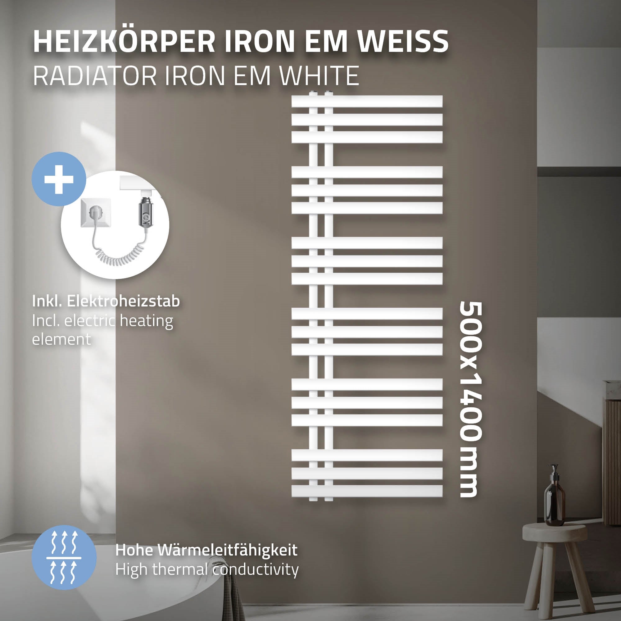 Heizkörper in Weiß, 500x1400 mm, mit Elektroheizstab.