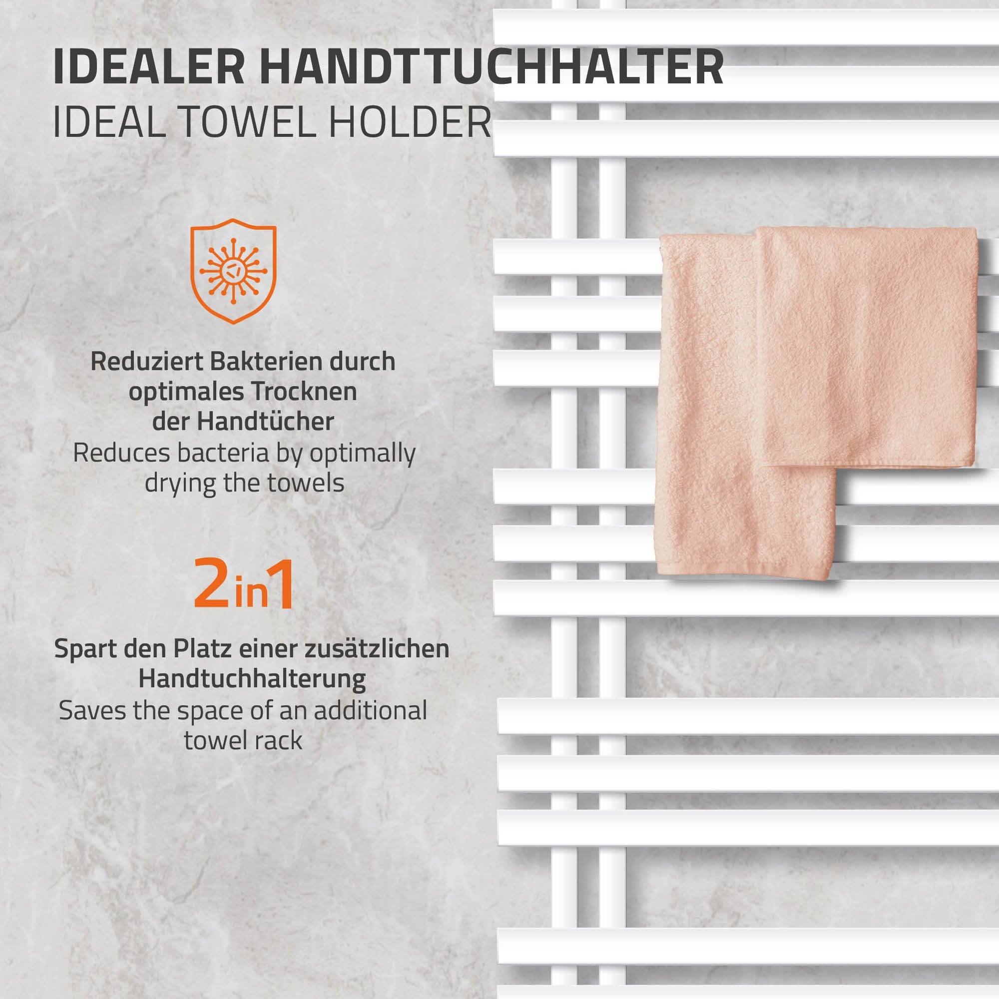 Grafik zu einem Handtuchhalter mit Vorteilen und Funktionen.
