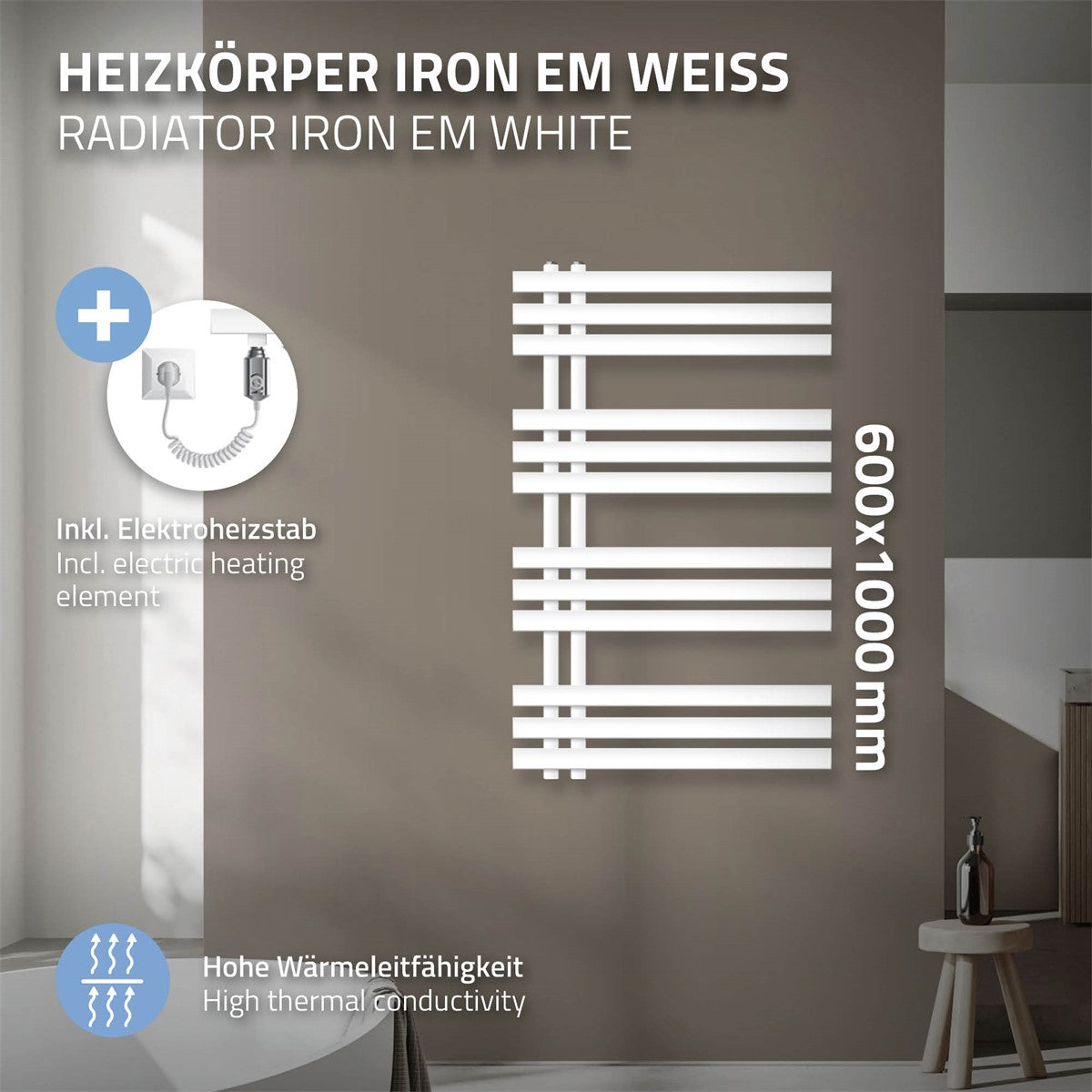 Hvid radiator på en væg med tekniske detaljer.