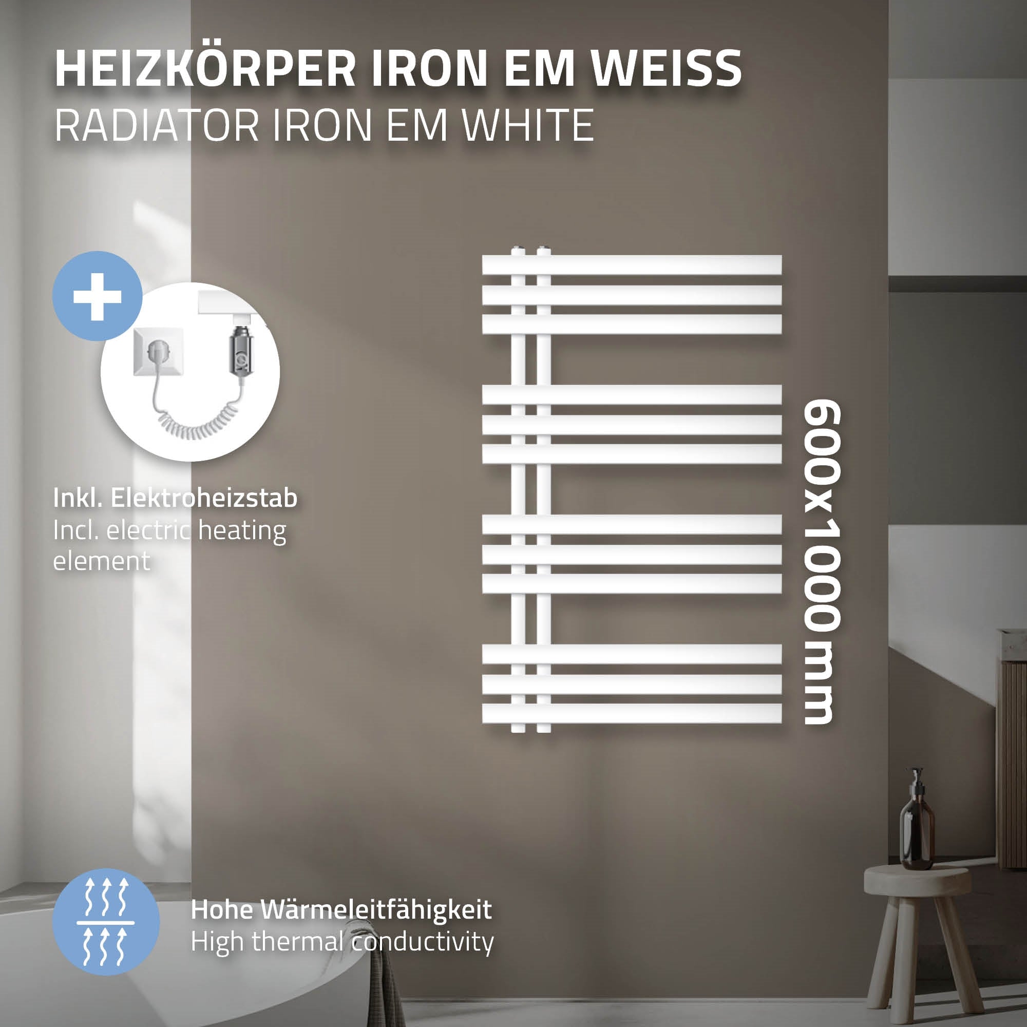 Hvid radiator på en væg med tekniske detaljer.