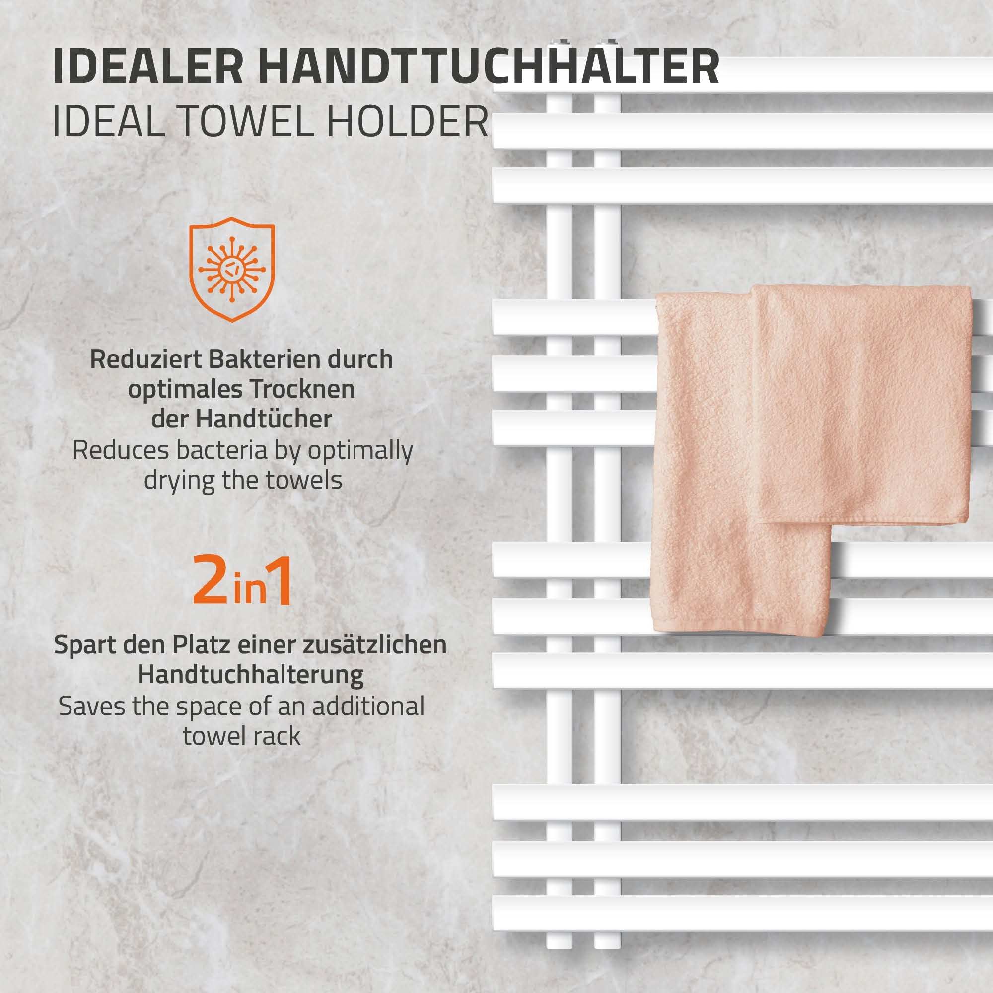 Handtuchhalter in Weiß mit zwei Handtüchern.