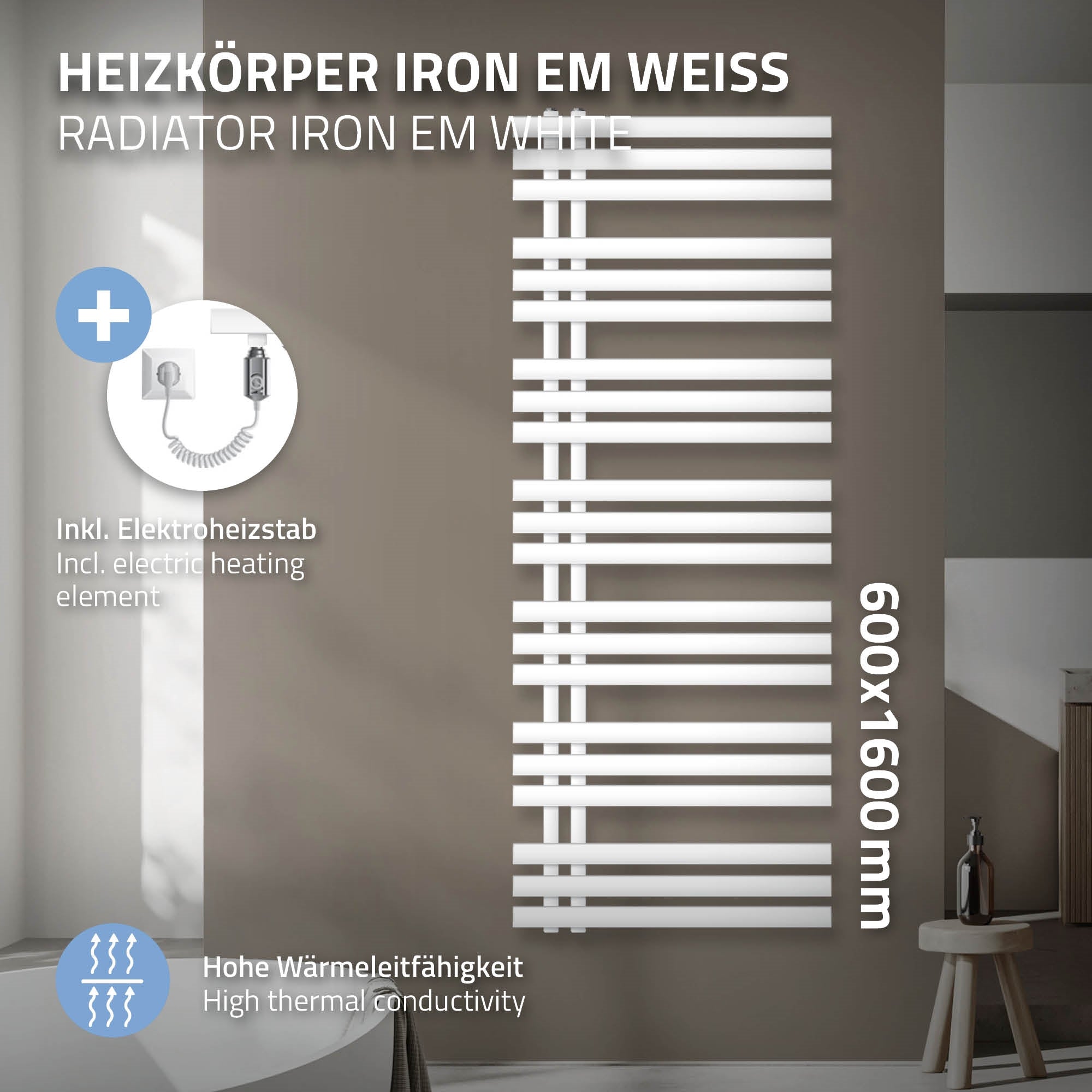 Weißer Heizkörper an einer Wand mit technischen Details.