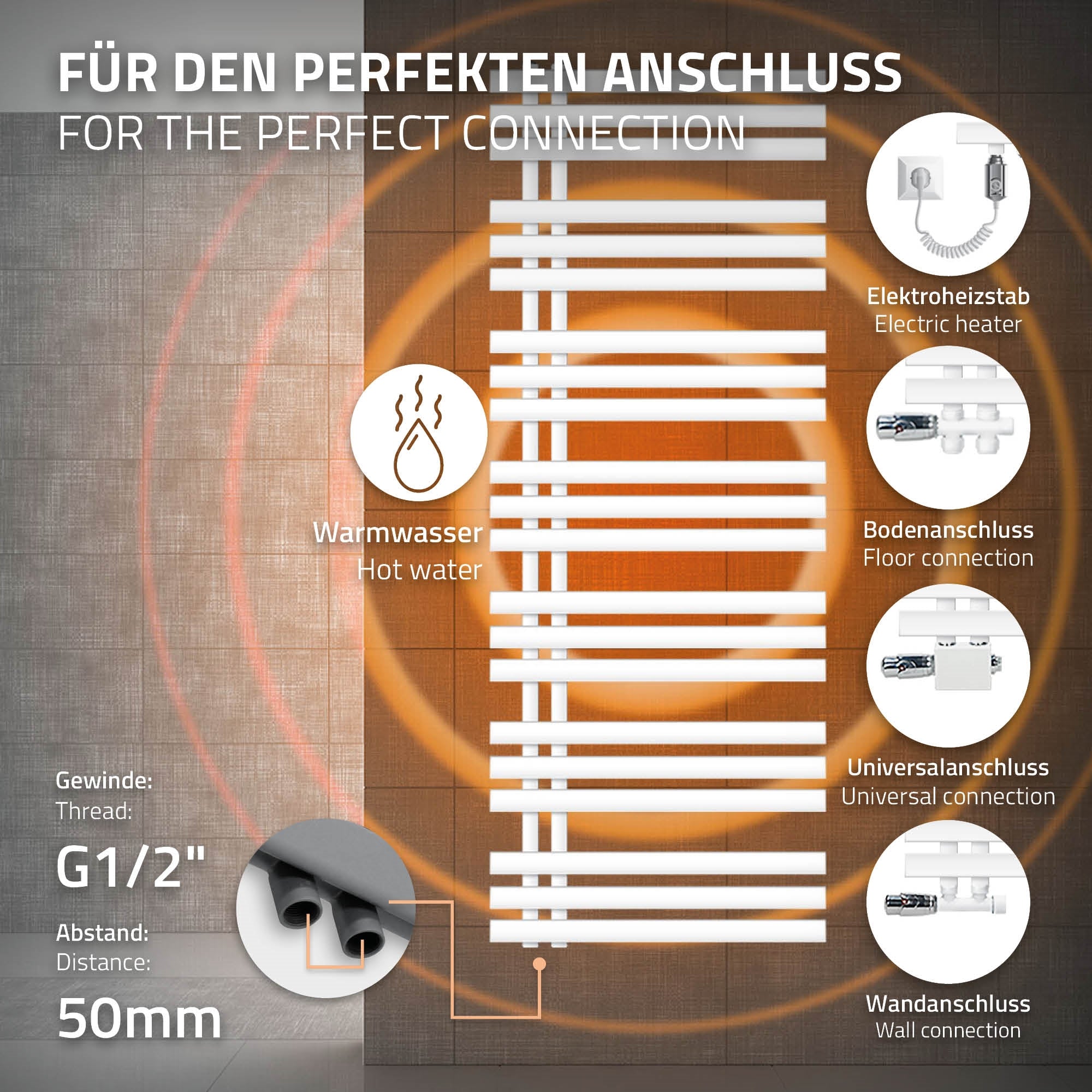 Diagramm mit Anschlussmöglichkeiten für einen Handtuchhalter.