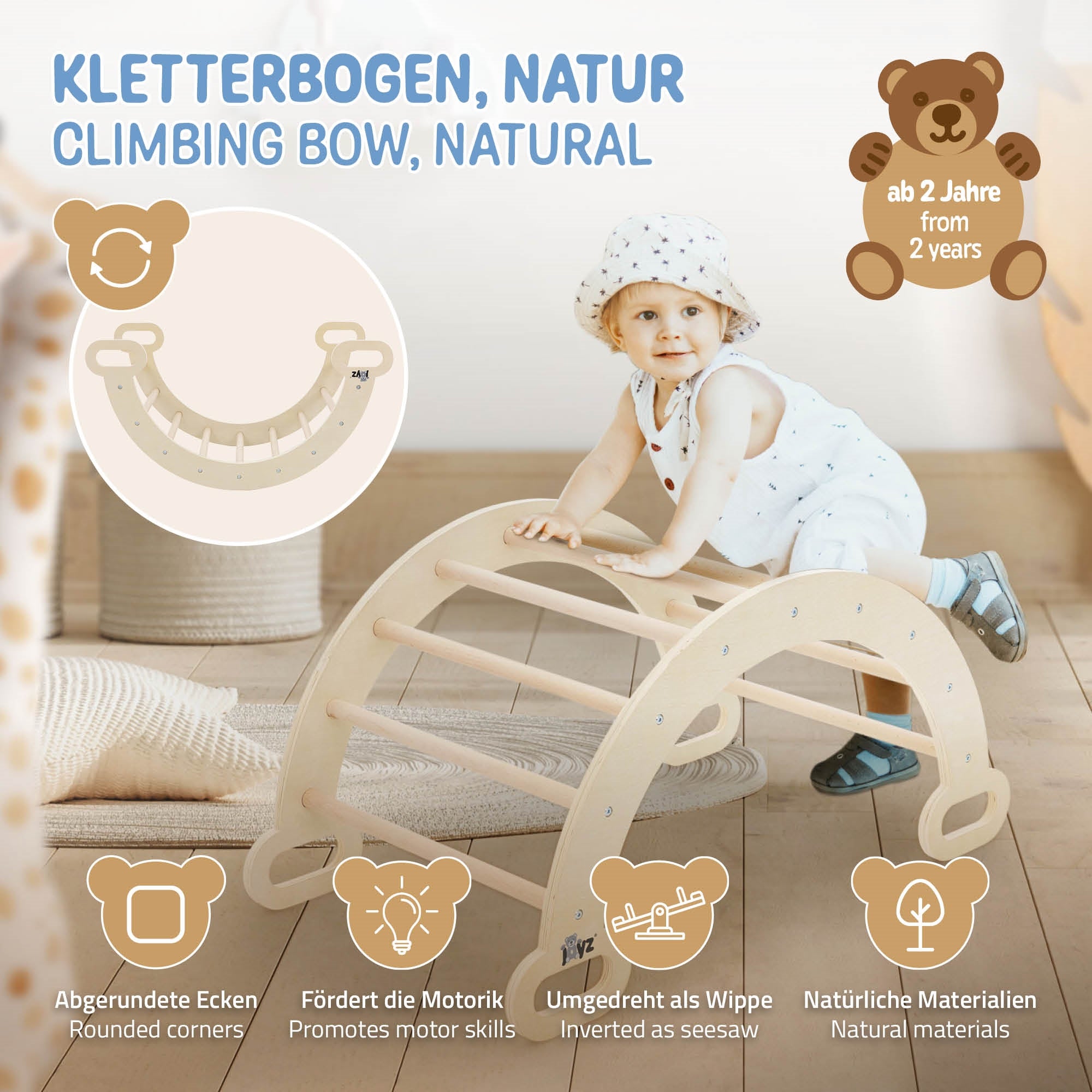 Kind auf einem Kletterbogen aus Holz mit Spielanleitung.