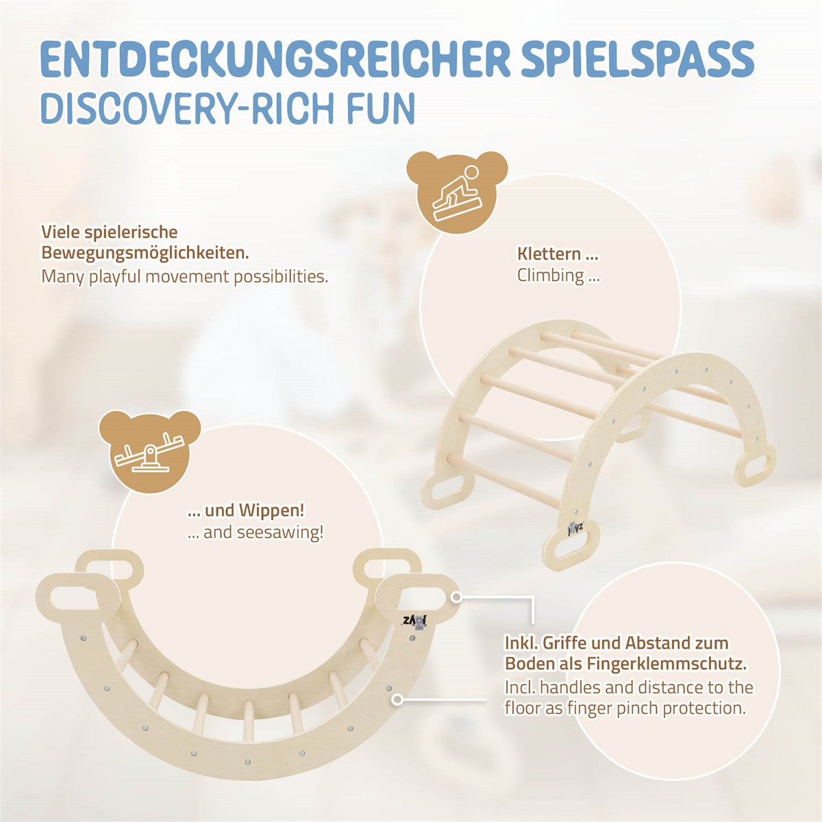 Ein Klettergerüst mit verschiedenen Bewegungsmöglichkeiten und einem Kind, das spielt.