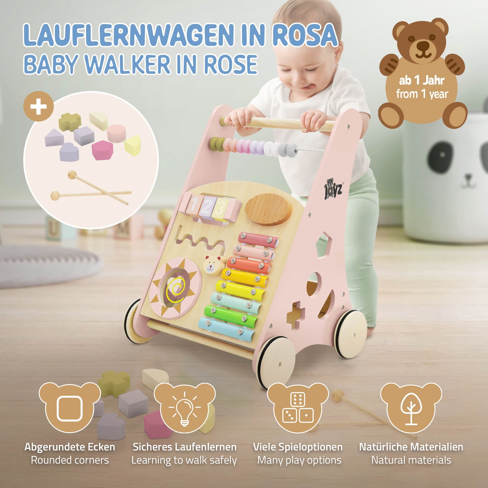 Rosa Lauflernwagen mit verschiedenen Spielmöglichkeiten und abgerundeten Ecken.