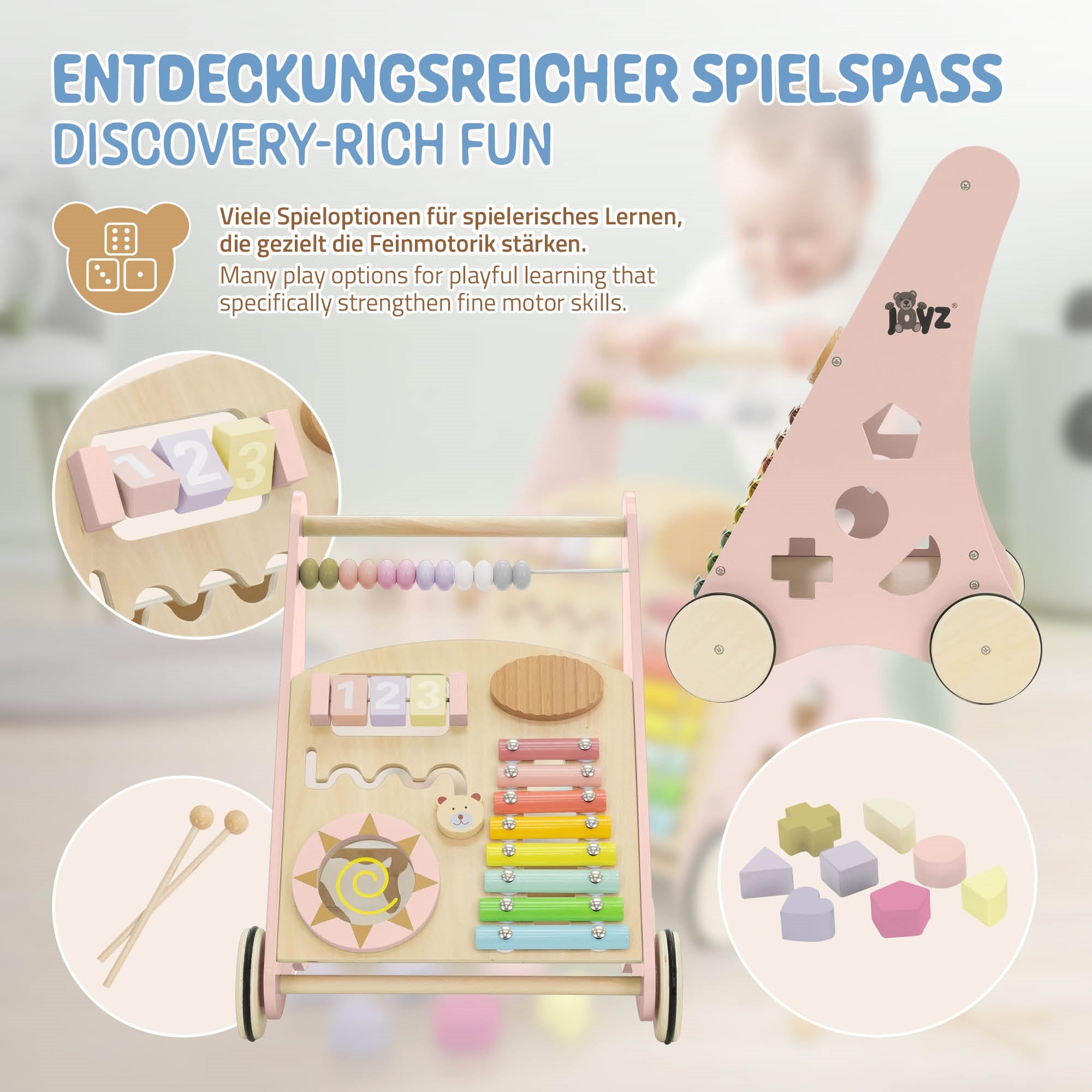 Holzspielzeugwagen mit bunten Spielmöglichkeiten und Zahlen.
