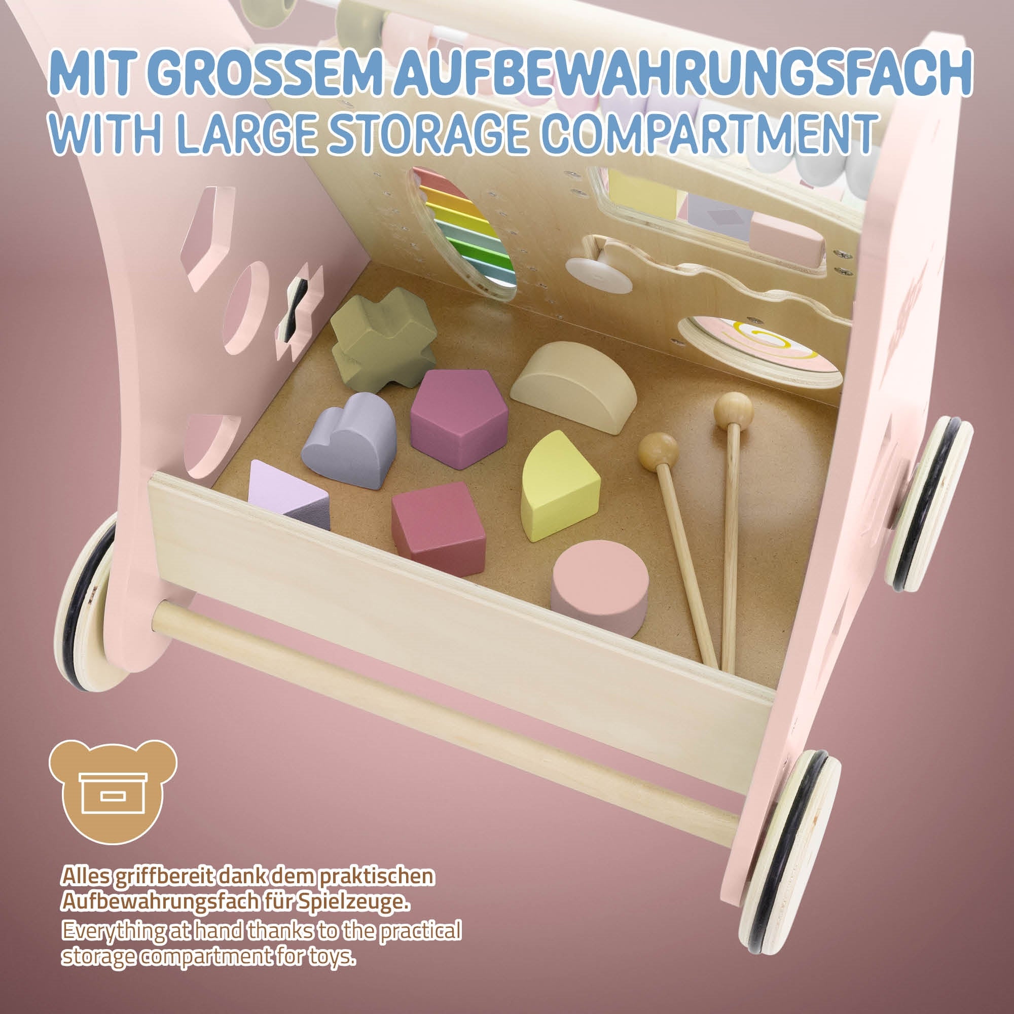 Ein Holzspielzeugwagen mit einem großen Aufbewahrungsfach und verschiedenen Spielzeugen.