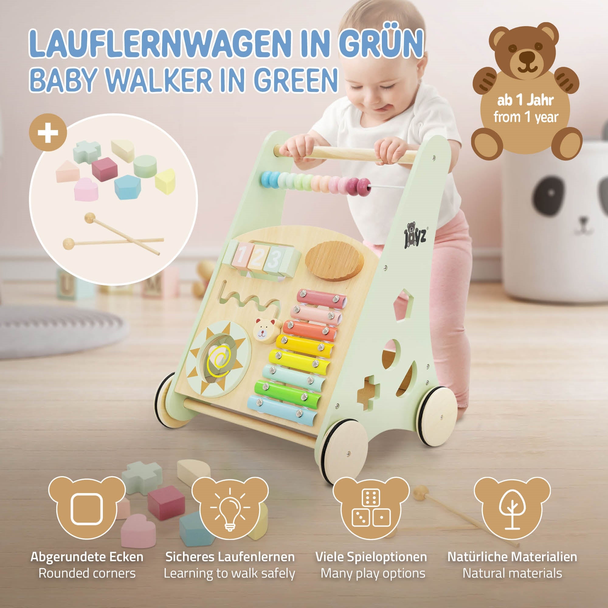Ein grüner Lauflernwagen aus Holz mit verschiedenen Spielmöglichkeiten.