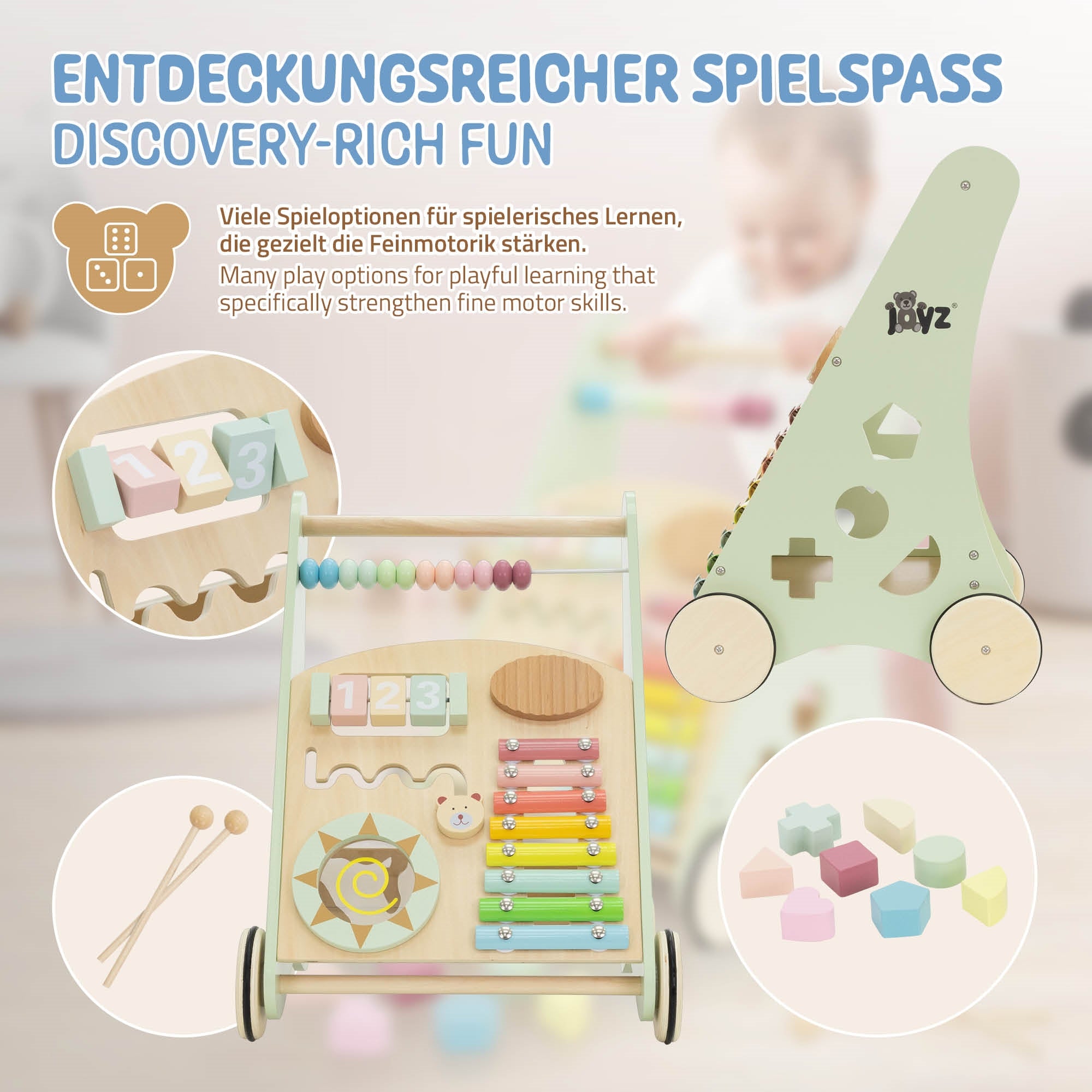 Spielzeugwagen mit verschiedenen Spielmöglichkeiten zur Förderung der Feinmotorik.