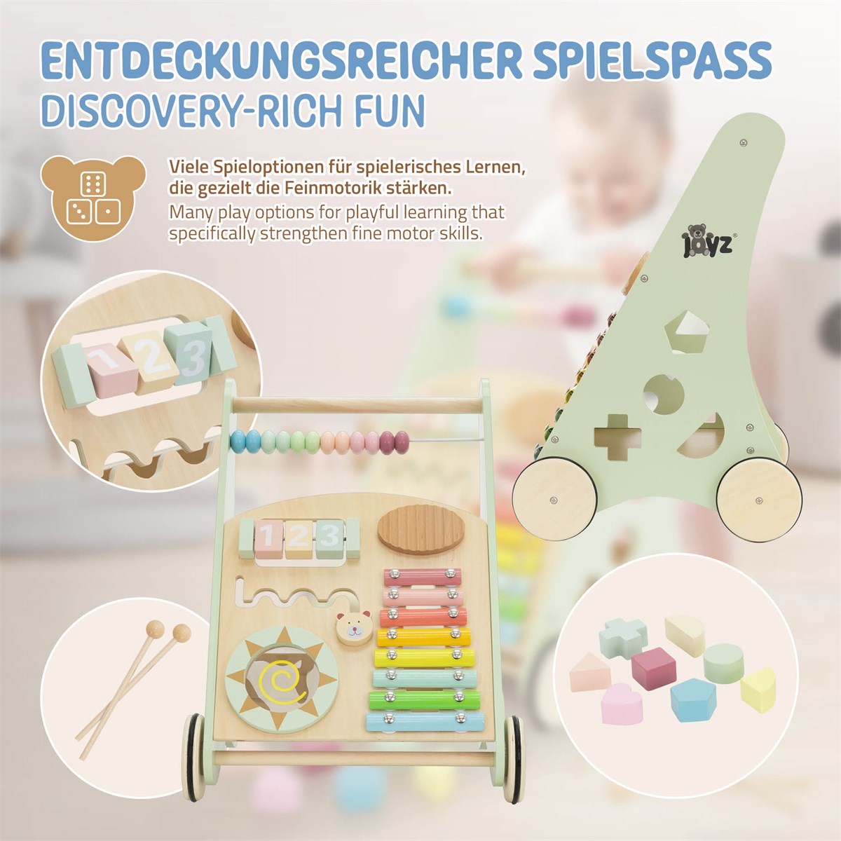 Spielzeugwagen mit verschiedenen Spielmöglichkeiten zur Förderung der Feinmotorik.