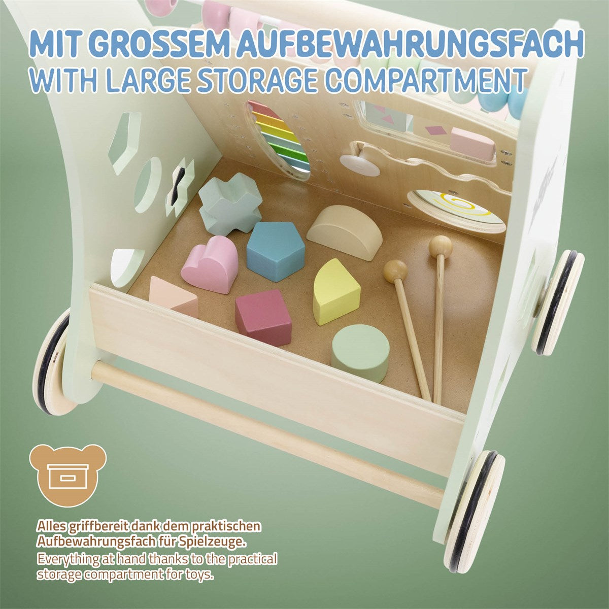 Holzspielzeug mit großem Aufbewahrungsfach und bunten Formen.
