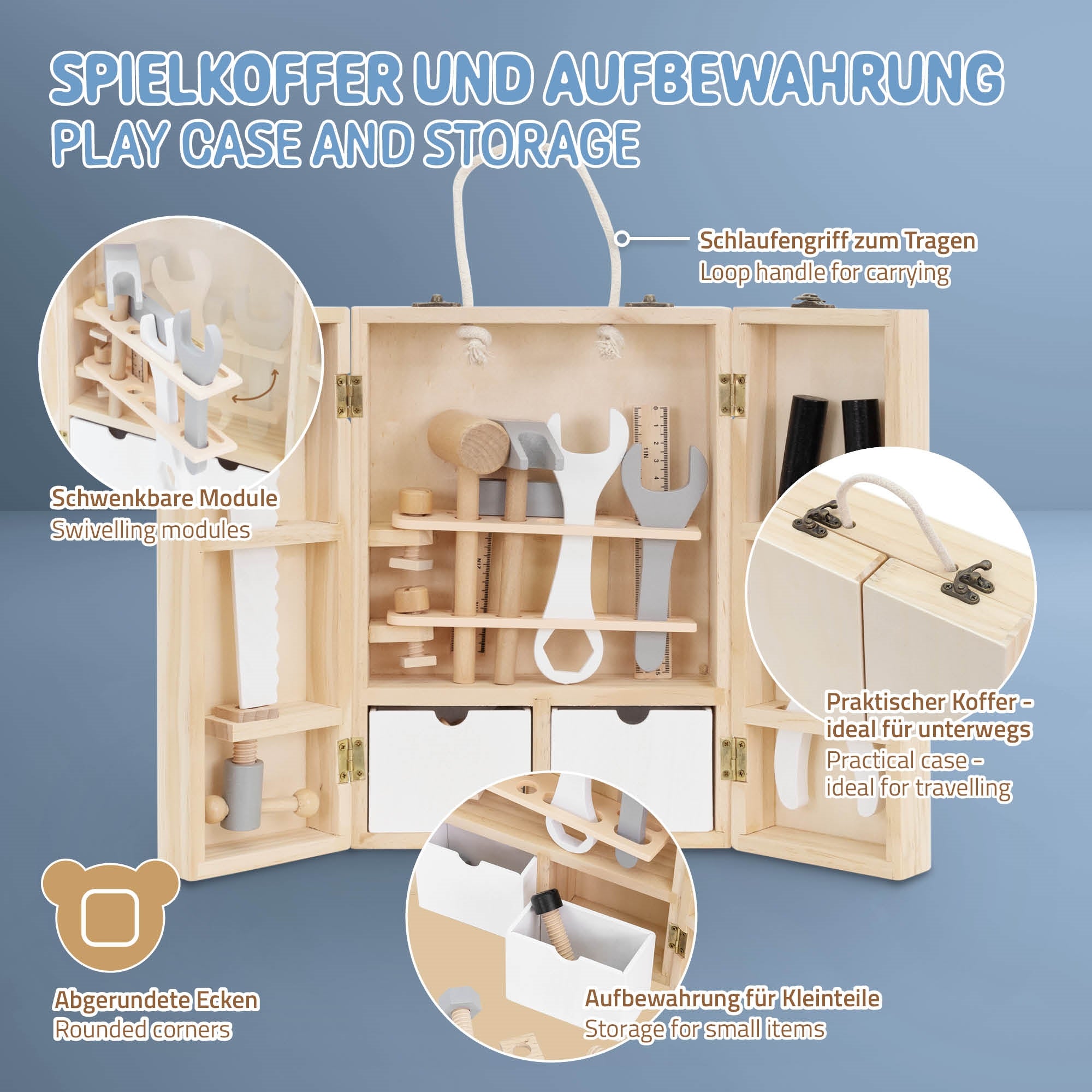 Holzkoffer mit Werkzeugen und Aufbewahrungsmöglichkeiten, offen gezeigt.
