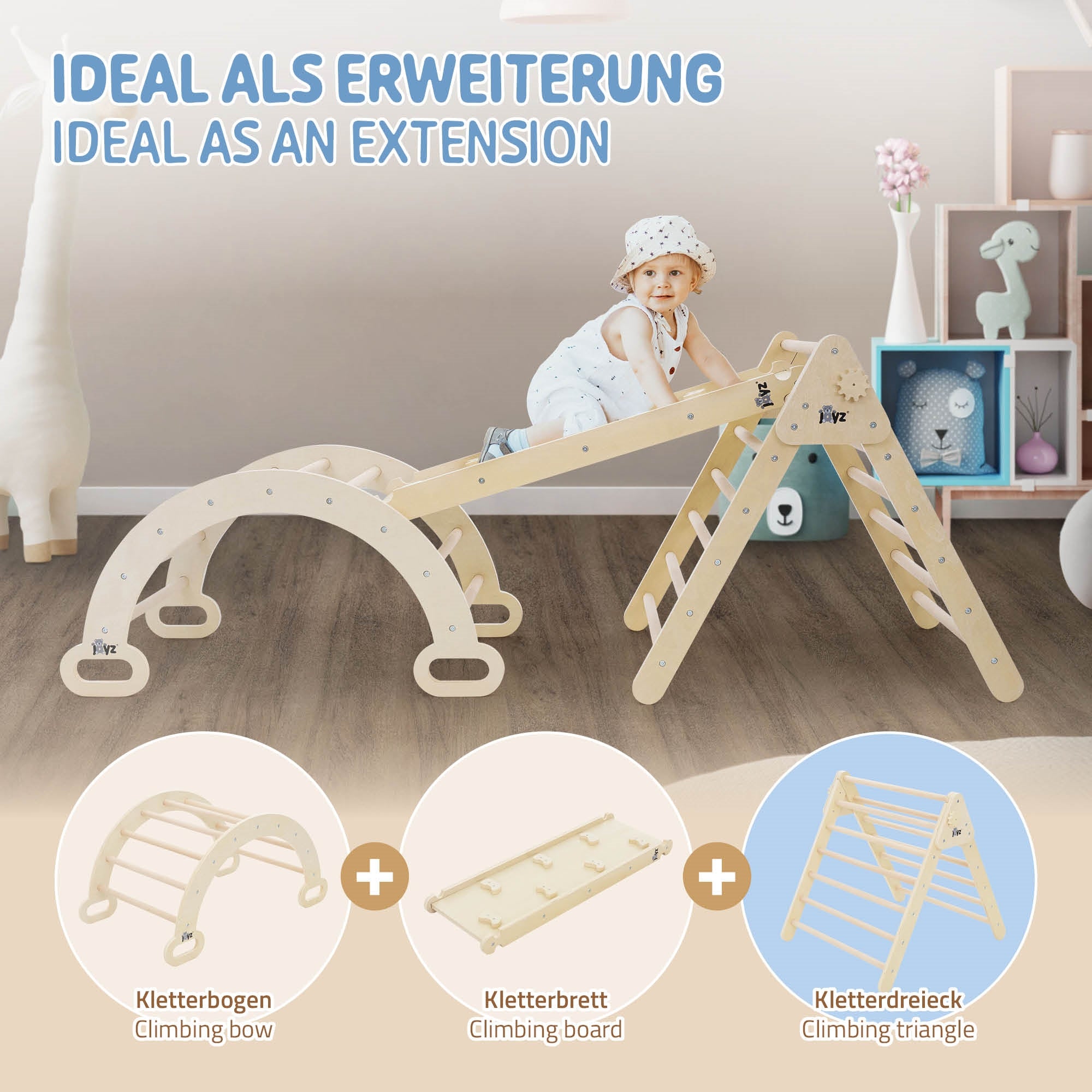 Ein Kind spielt auf einem Klettergerüst aus Holz mit verschiedenen Kletterelementen.