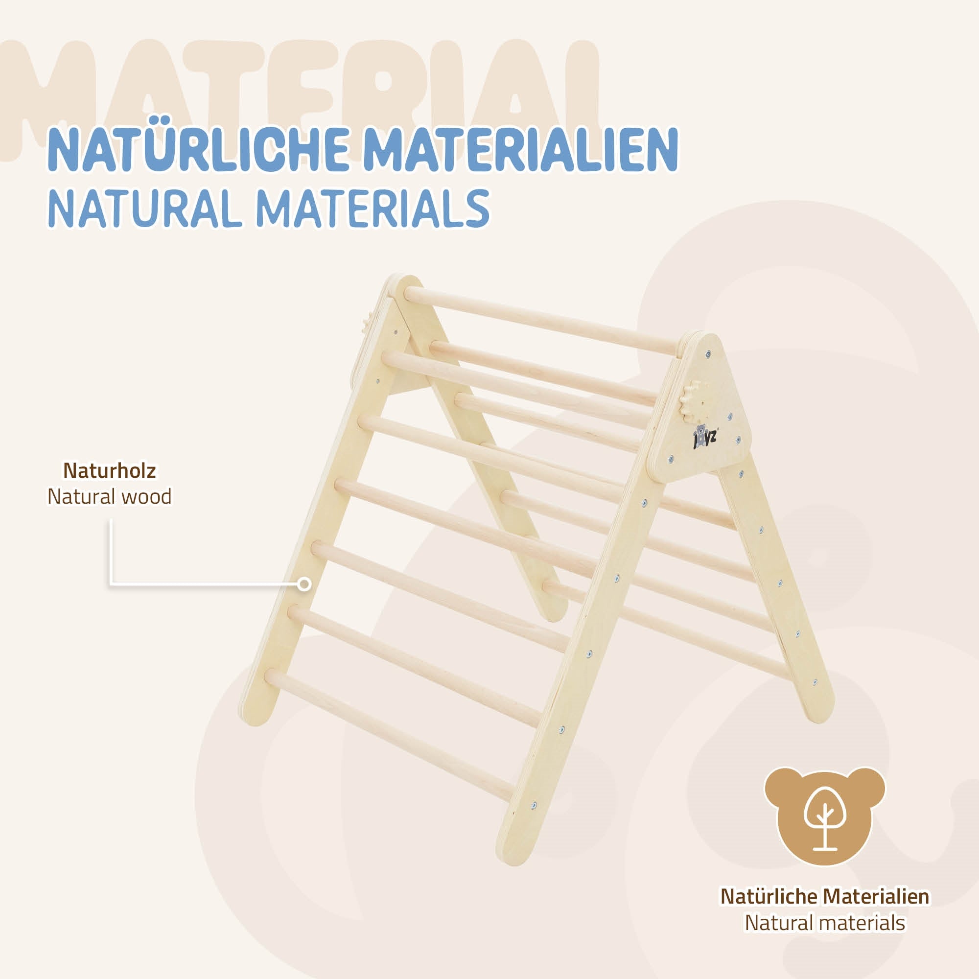 Holzspielgerät aus Naturholz mit mehreren Sprossen.