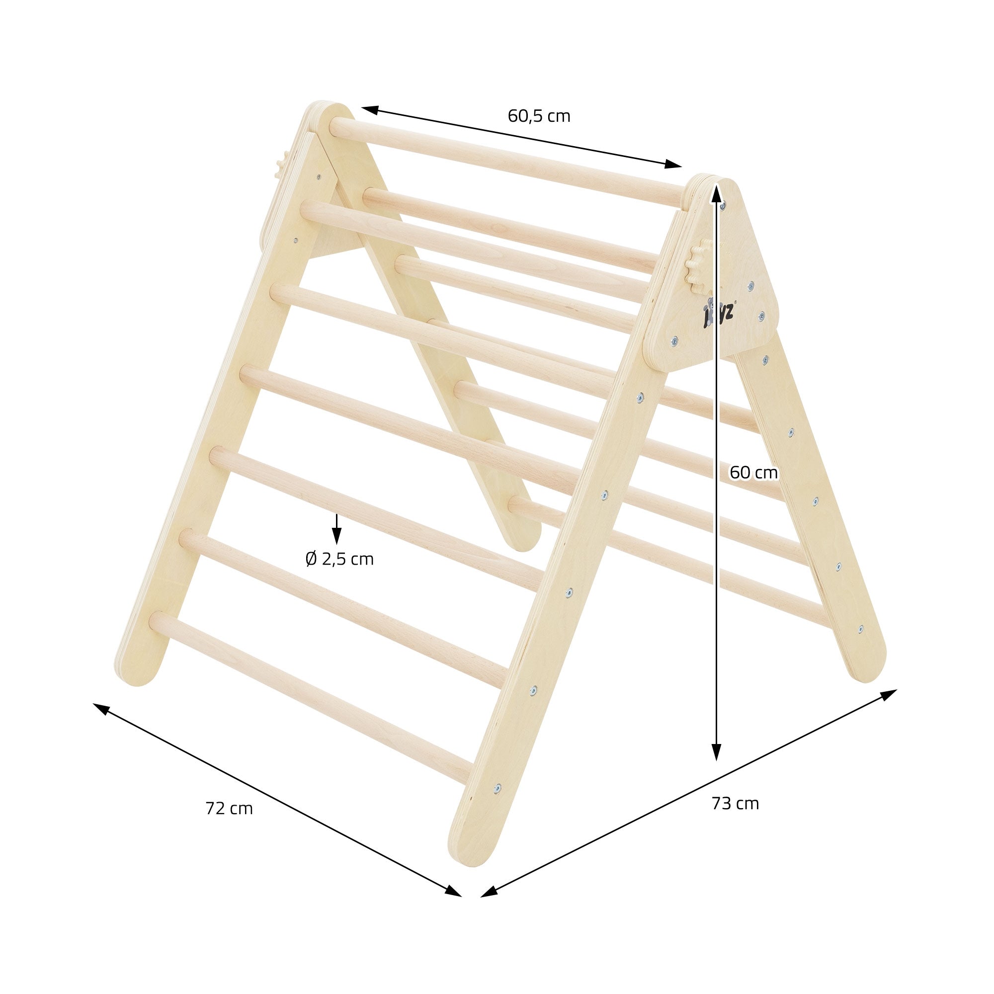 Holzspielgerät mit mehreren Sprossen, Maße und Durchmesser angegeben.