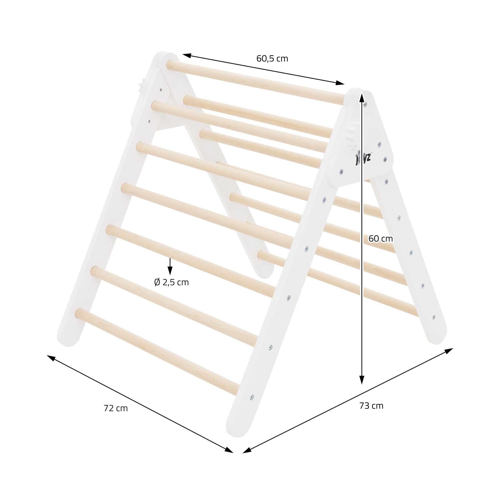 Dibujo técnico de un armazón de escalada con varillas de madera y dimensiones.