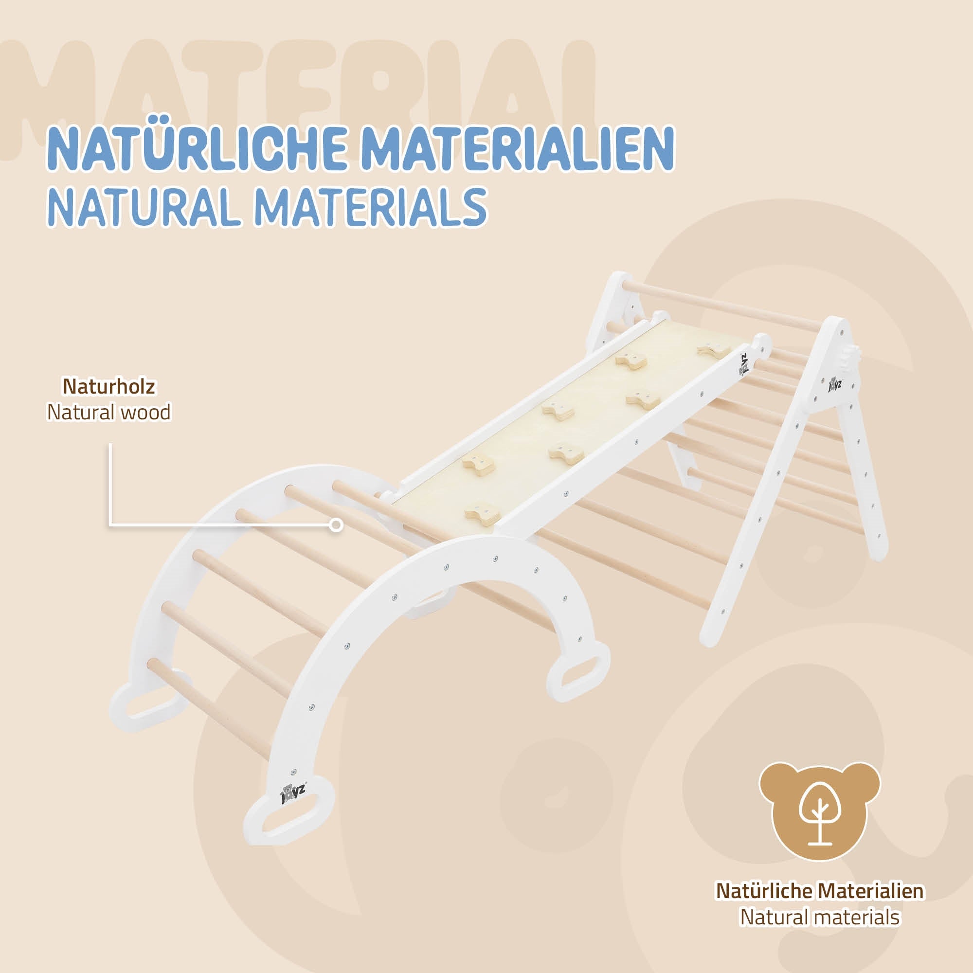 Ein Spielgerät aus Naturholz mit einer Kletterstruktur für Kinder.
