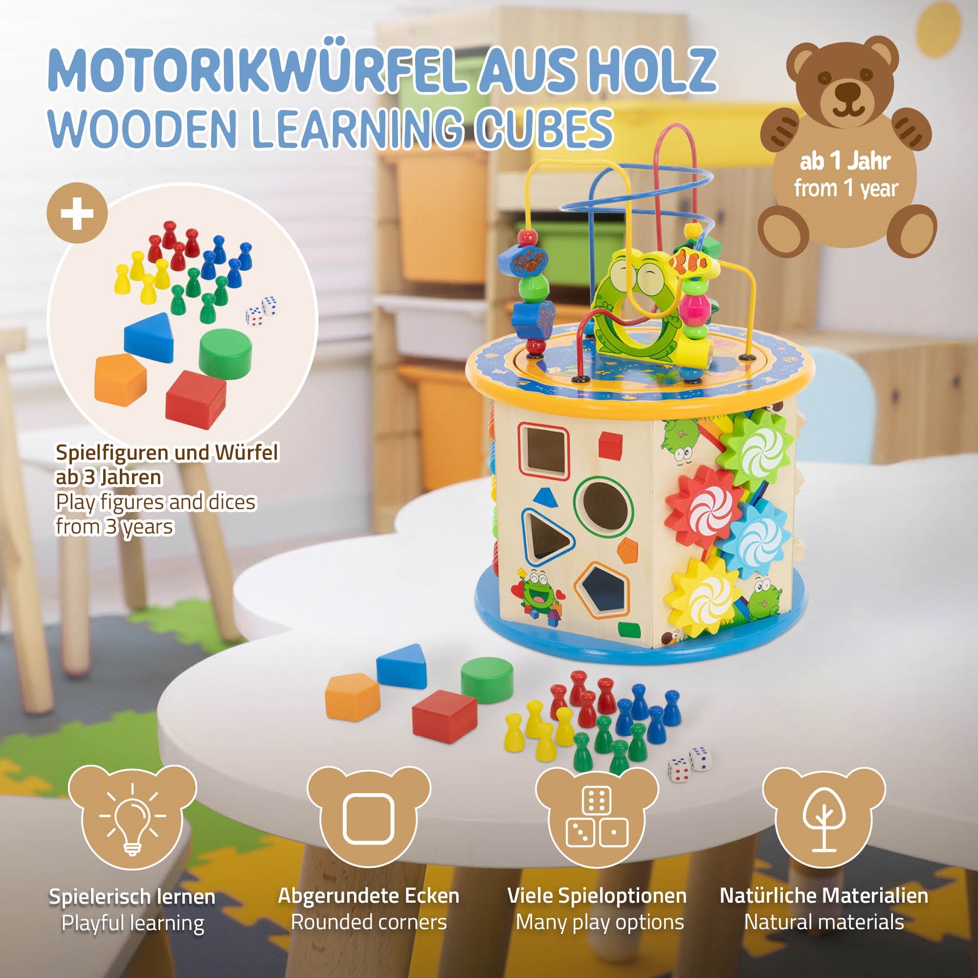 Holzspielzeug mit bunten Motorikwürfeln und Spielsteinen.