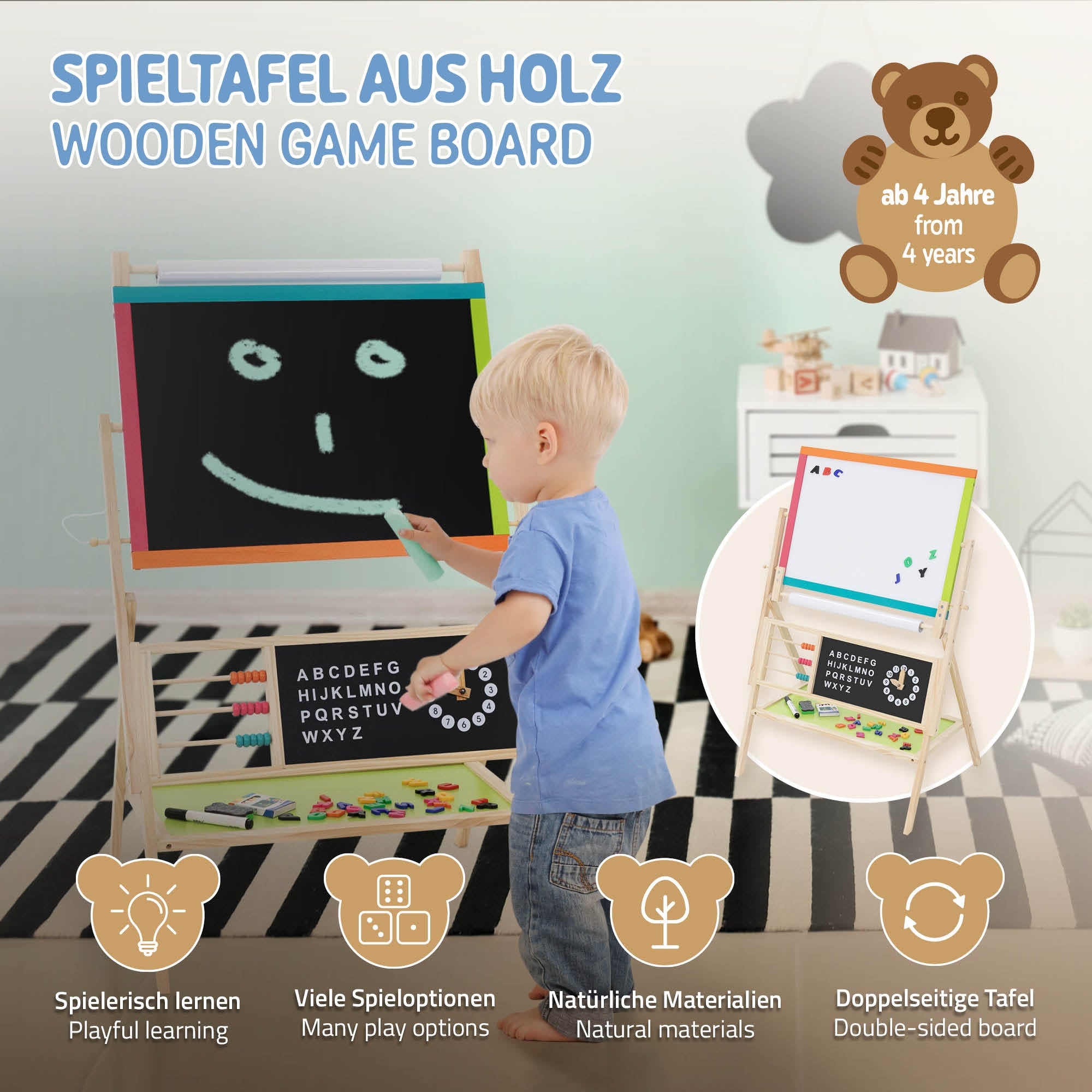 Un enfant se tient devant un tableau en bois avec des crayons colorés et des matériaux de jeu.