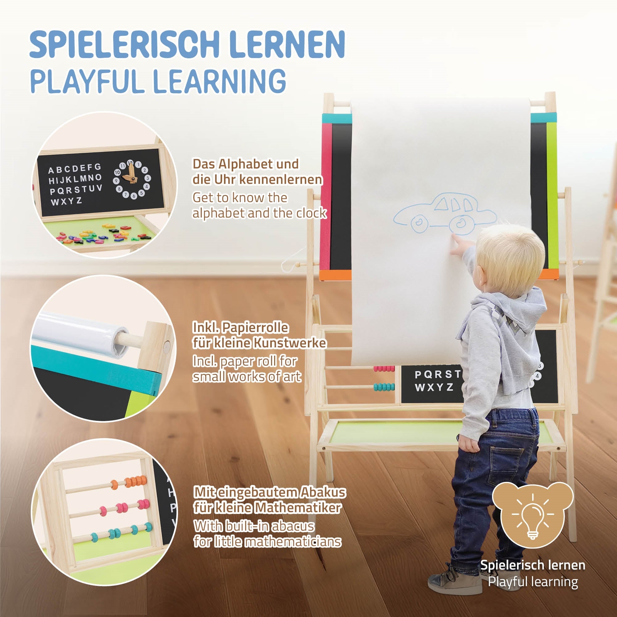 Kind steht vor einem Lernspielzeug mit Buchstaben, Zahlen und einem Zeichenblock.