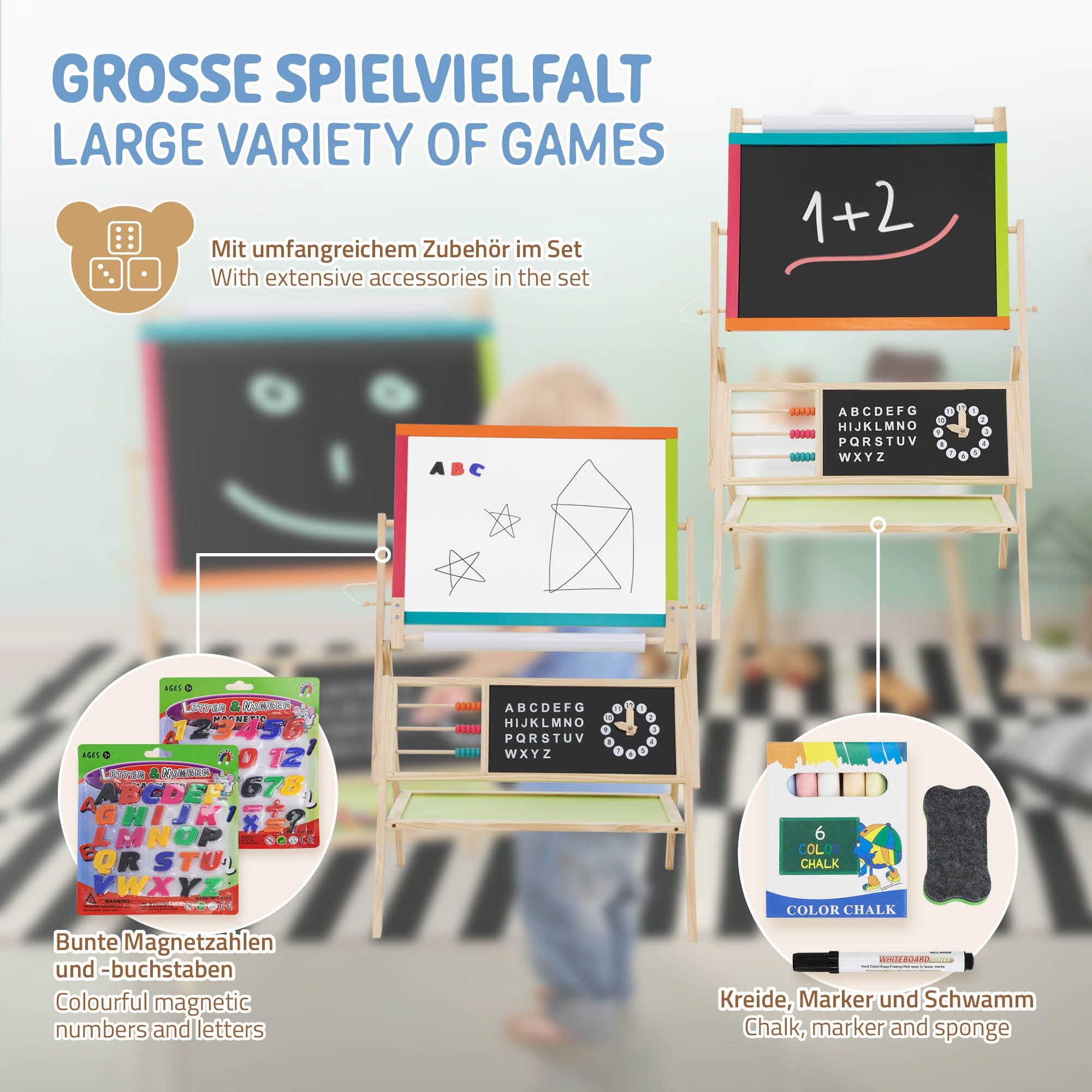 Ein Spielzeugständer mit verschiedenen Spielmaterialien und Kreide.
