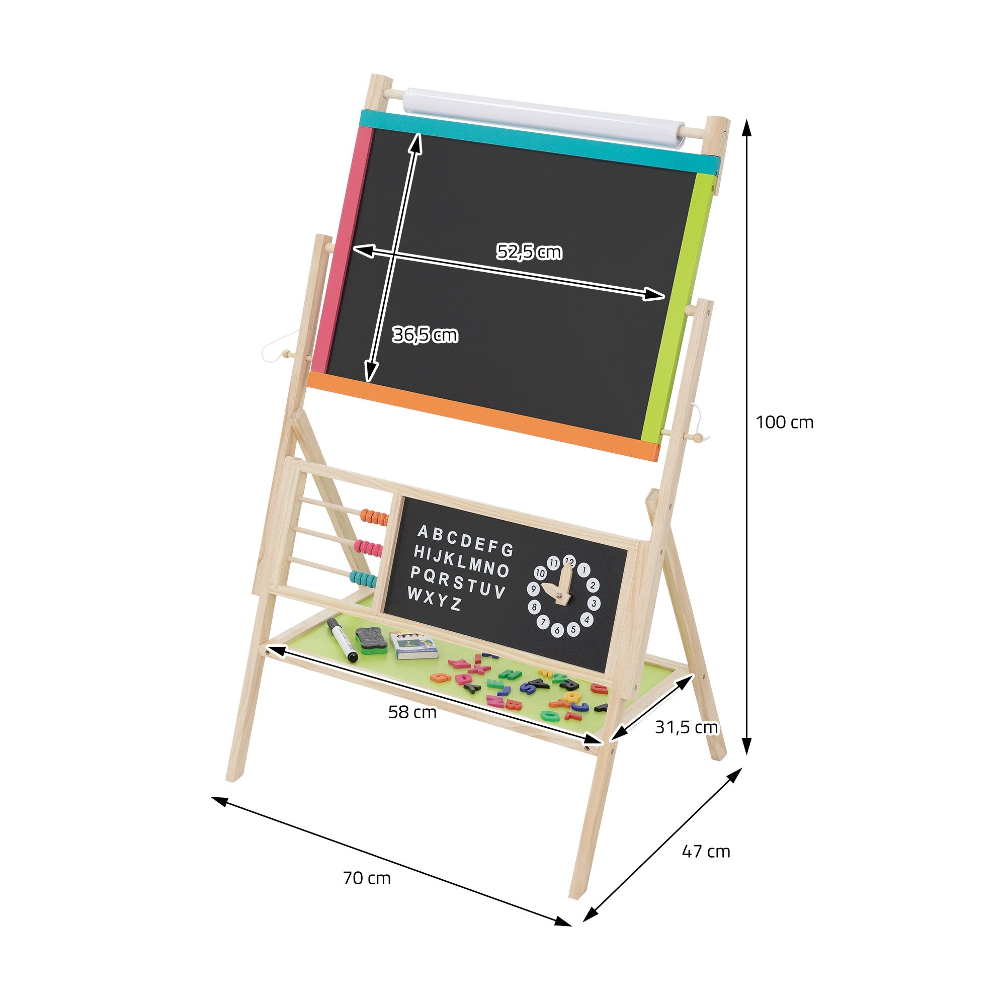 Ein Stehschreibtafel mit bunten Rändern und einer Uhr aus Holz.